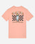 Peach t-shirt with graphic design and text on a light gray background