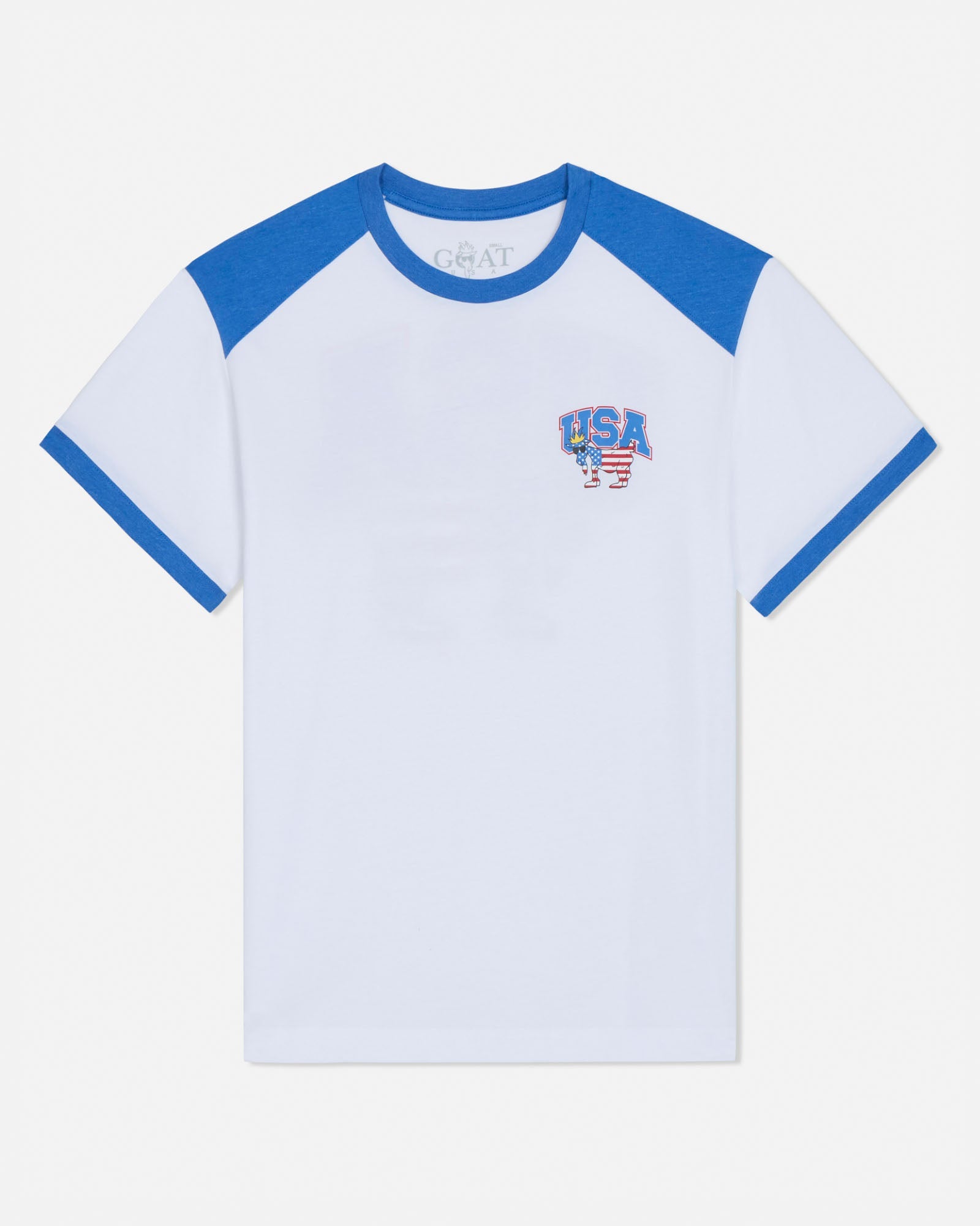 White t-shirt with blue sleeves and 'USA' logo on a white background