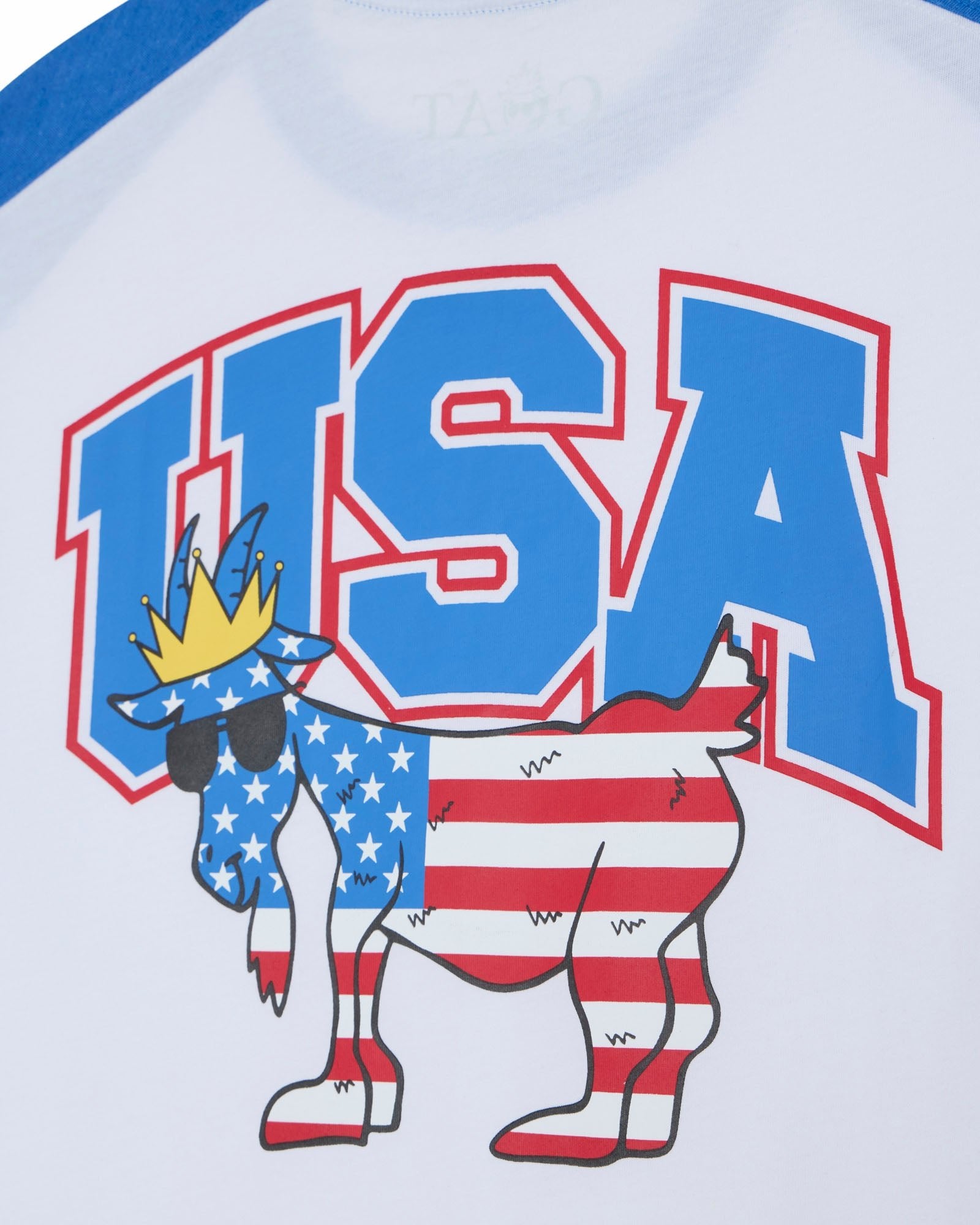 USA-themed graphic with a goat wearing a crown and sunglasses on an American flag pattern, on a white and blue background.