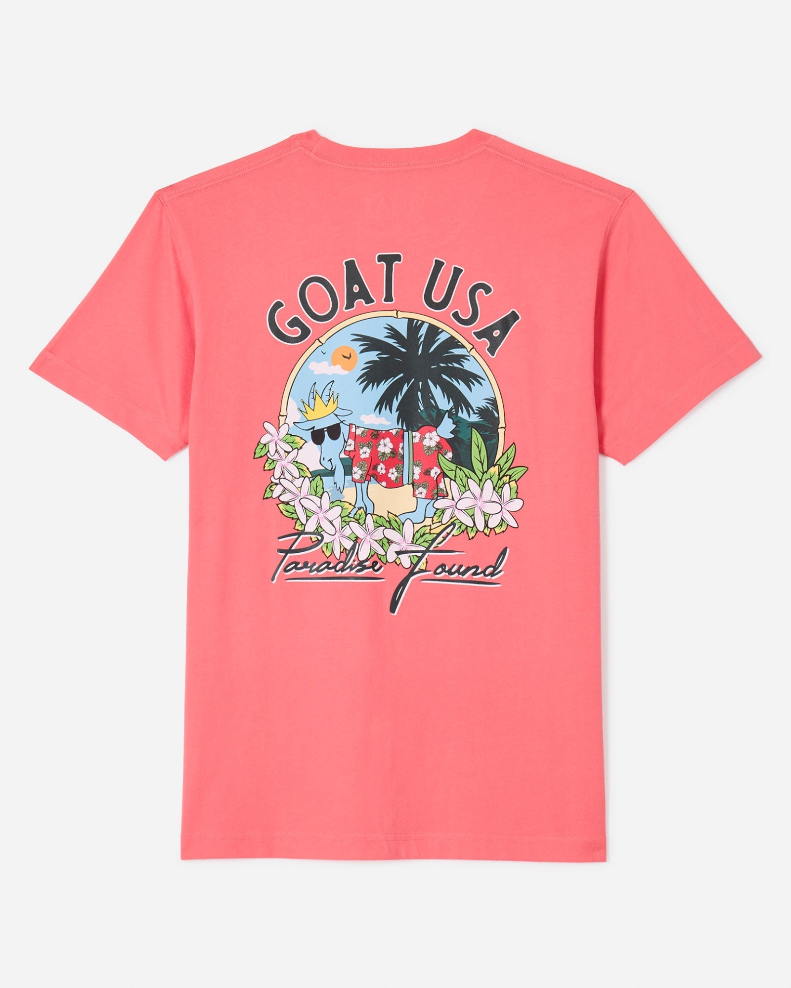 Back of salmon t-shirt with Chuck the vacation GOAT in a tropical paradise graphic