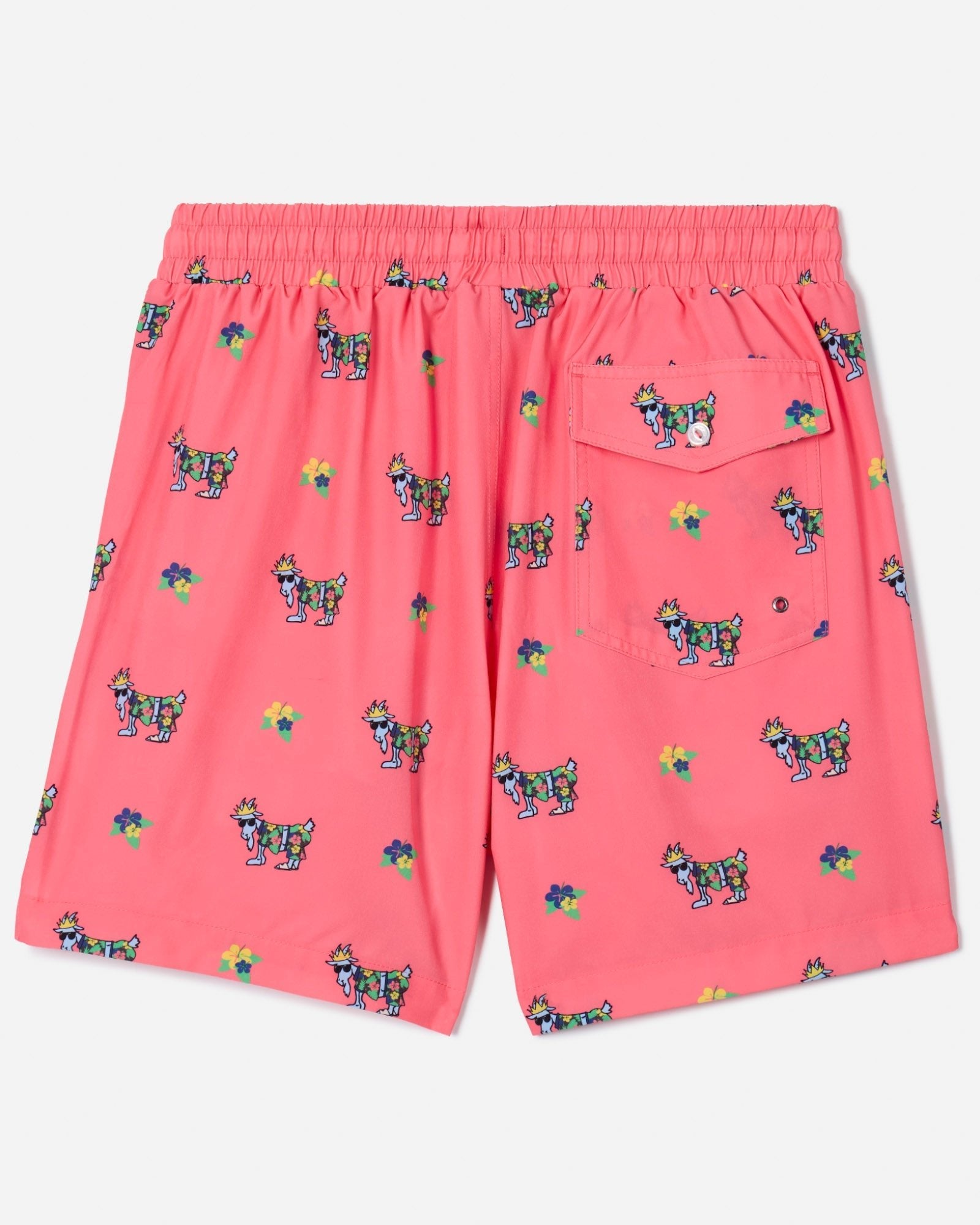 Back of salmon bathing suit with vacation GOAT design