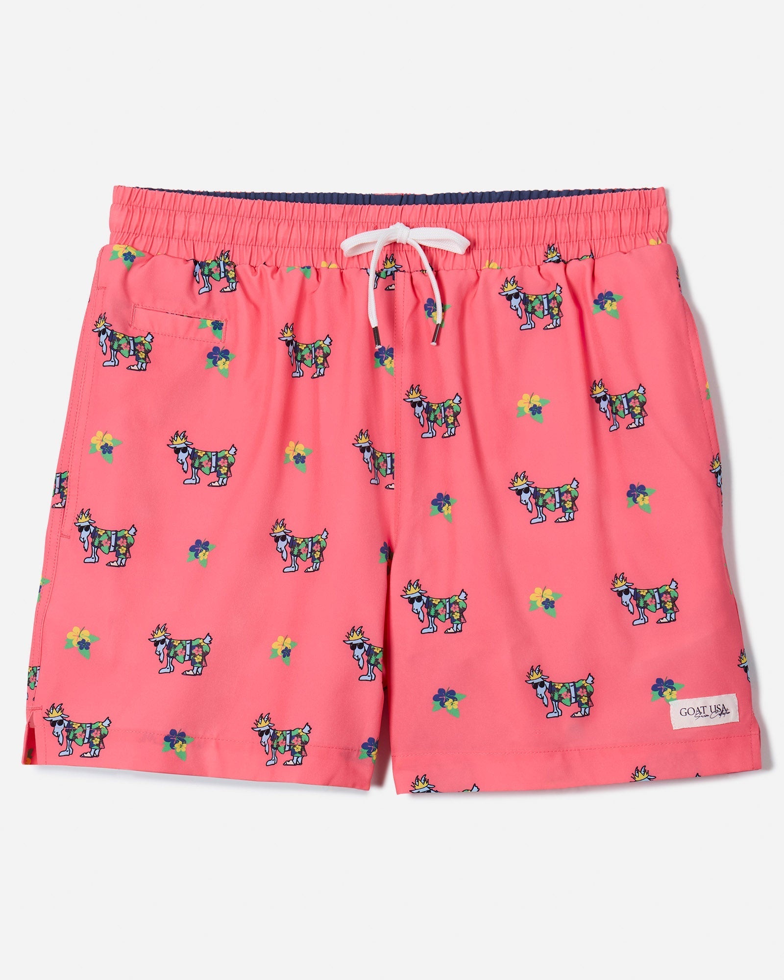 Front of salmon bathing suit with vacation GOAT design