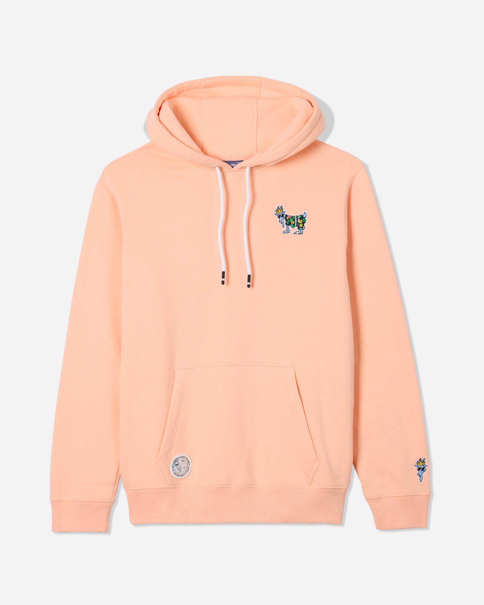 Front of peach cream Vacation Hooded Sweatshirt with Vacation GOAT left-chest logo