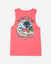 Back of salmon tank top with Chuck the vacation GOAT in a tropical paradise design