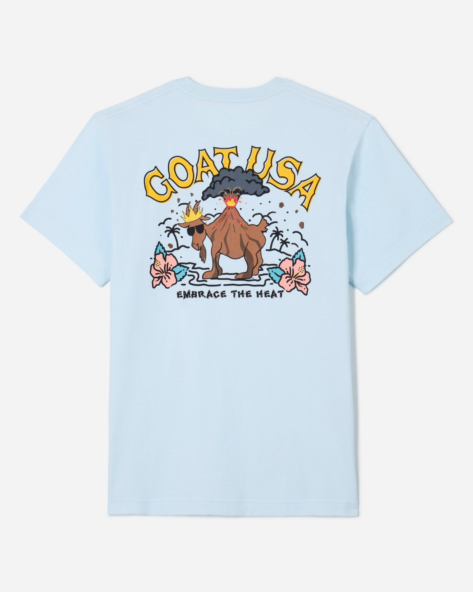 Back of ice blue t-shirt with volcano goat design