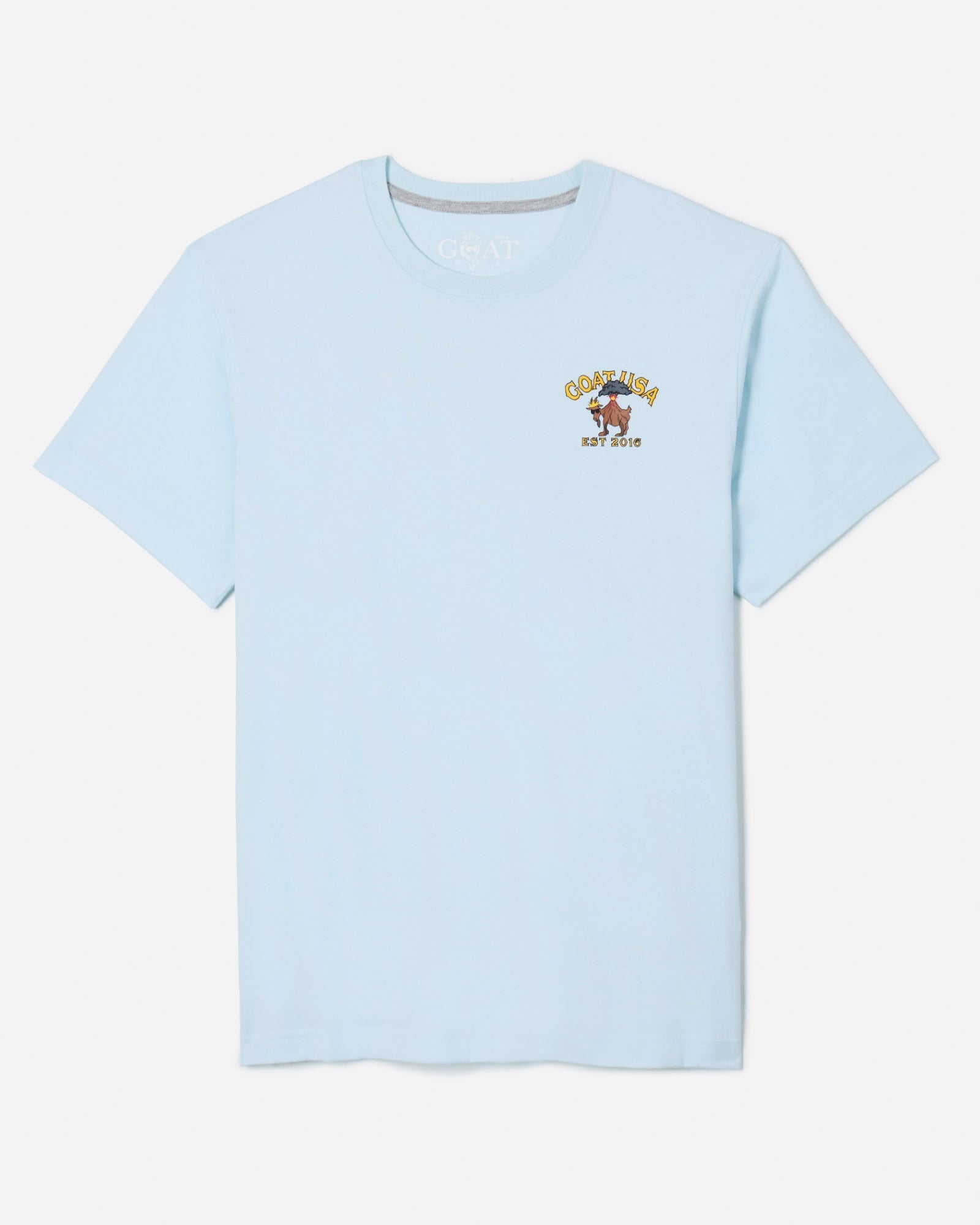 Front of ice blue t-shirt with volcano goat left-chest logo