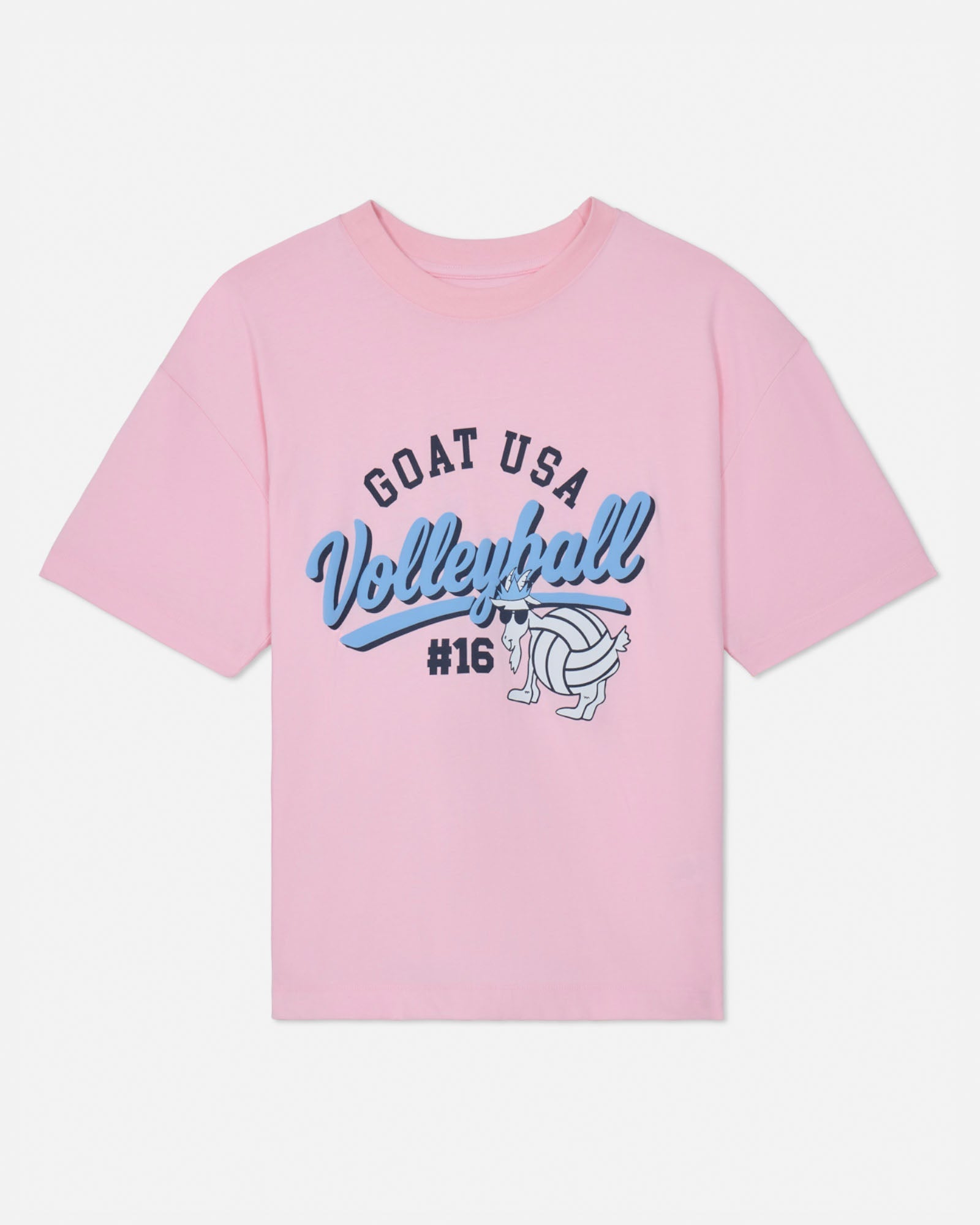Pink t-shirt with 'GOAT USA Volleyball #16' text and graphic on a white background
