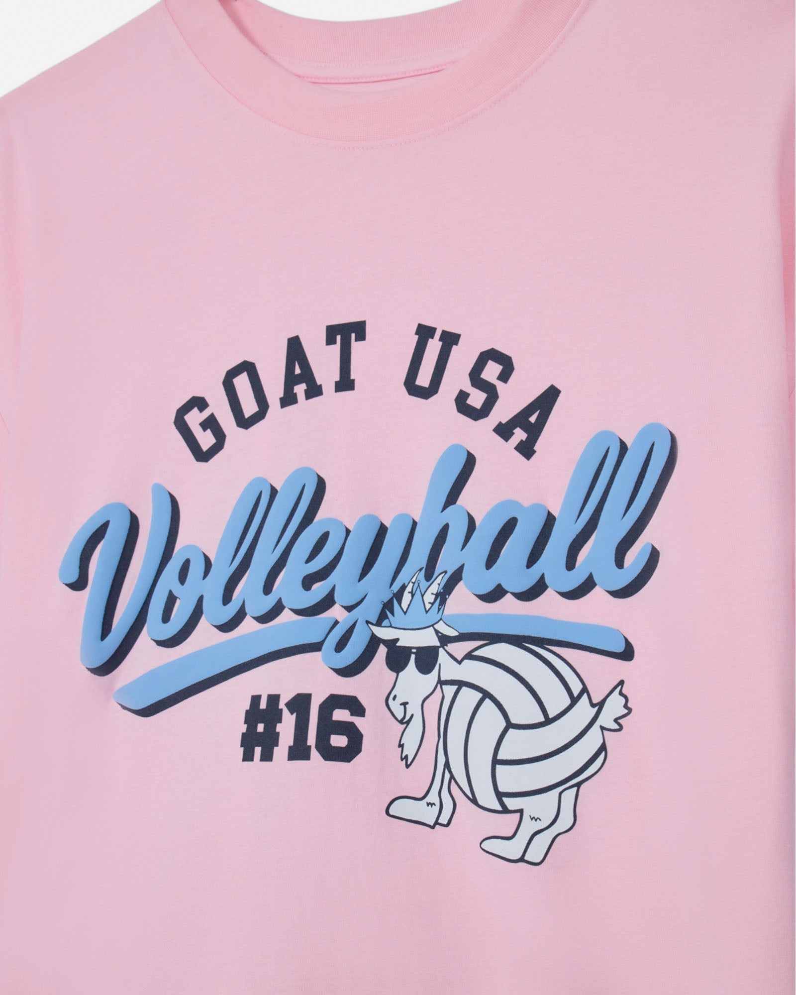 Pink t-shirt with 'GOAT USA Volleyball #16' design featuring a goat and volleyball.