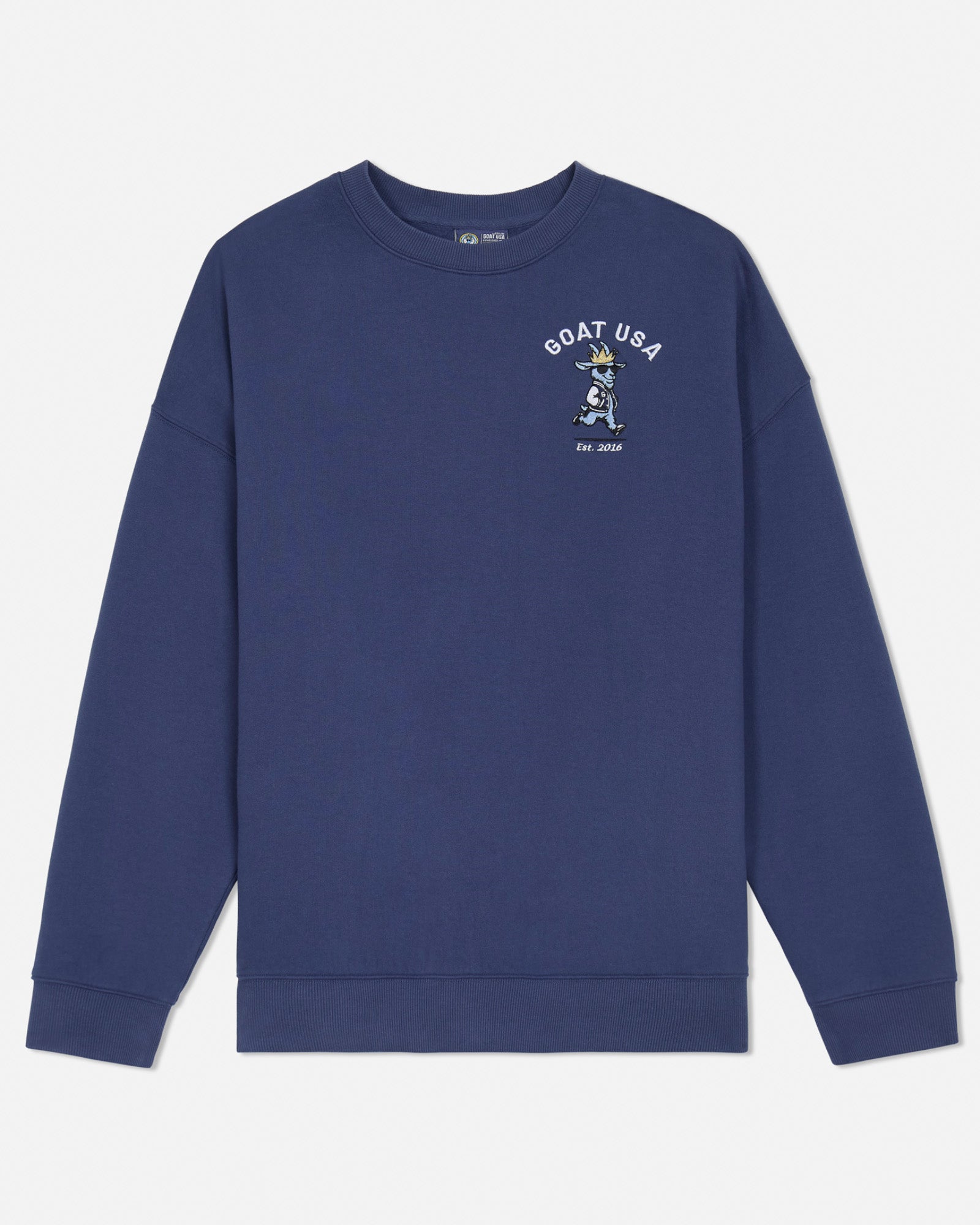 Navy blue sweatshirt with a goat graphic left-chest design