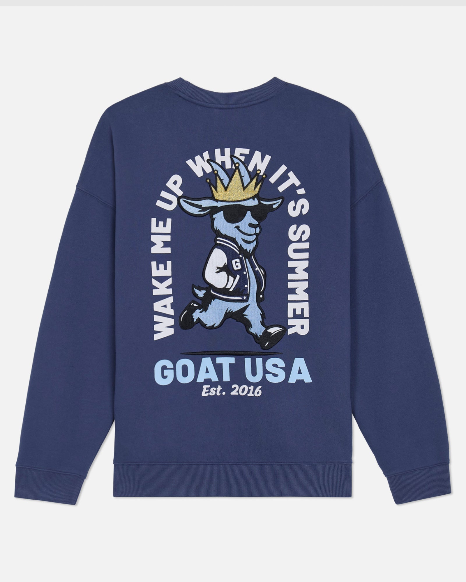 Navy blue sweatshirt with a graphic of a goat and text on the back