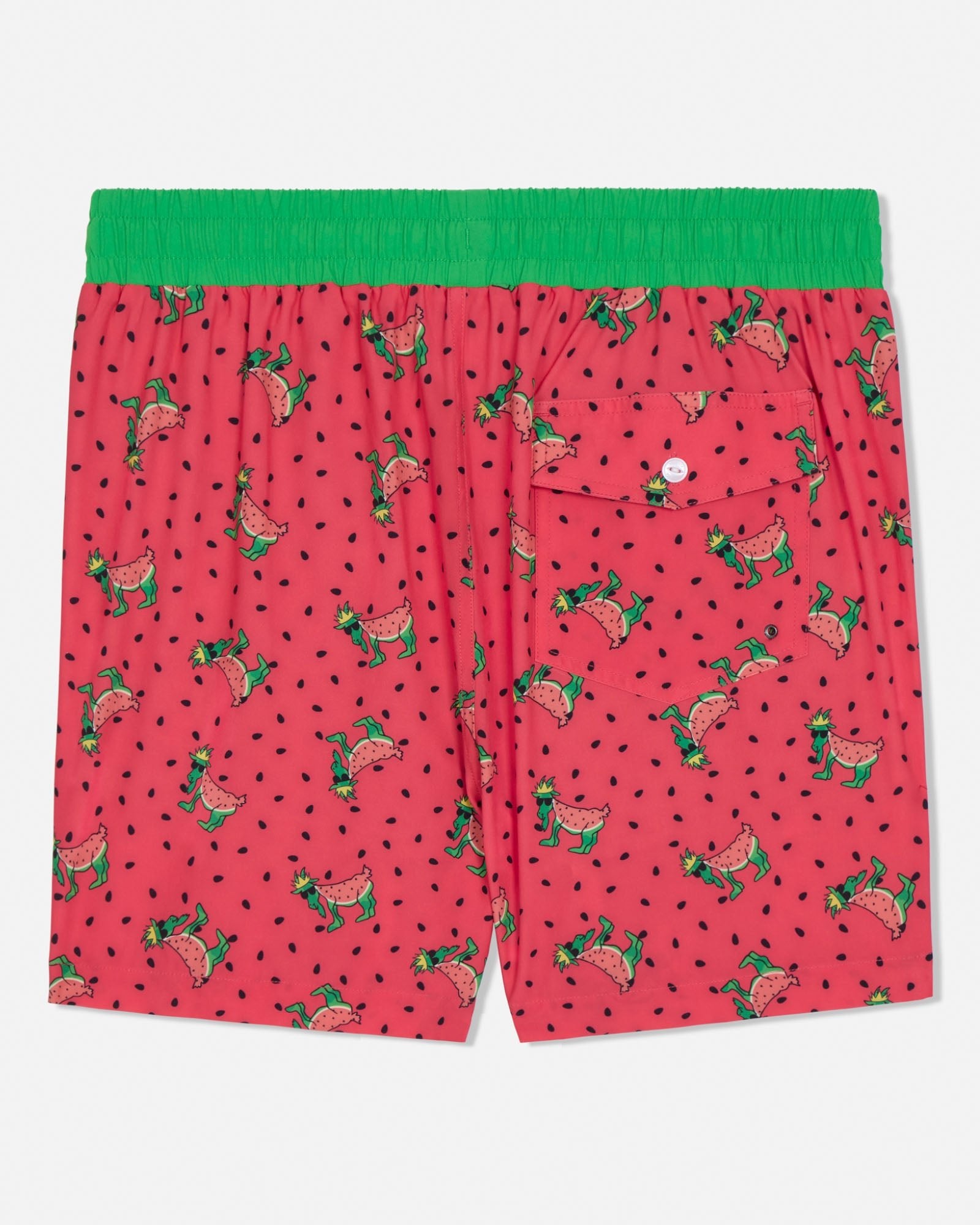 Red bathing suit with green waistband featuring a watermelon pattern on a white background