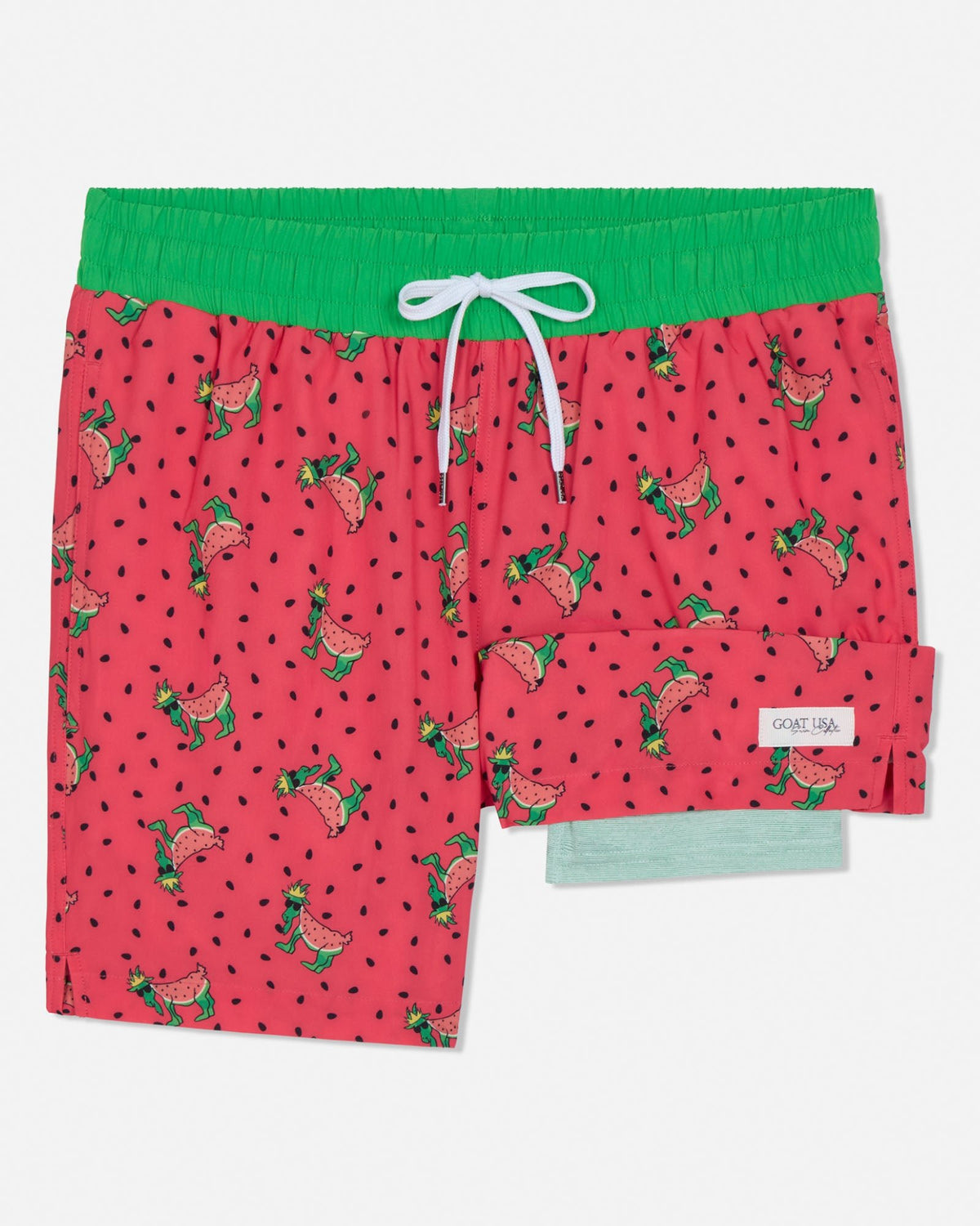 Red swim shorts with green waistband and watermelon pattern on a white background