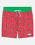 Red swim shorts with green watermelon pattern on a white background