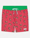 Red swim shorts with green watermelon pattern on a white background