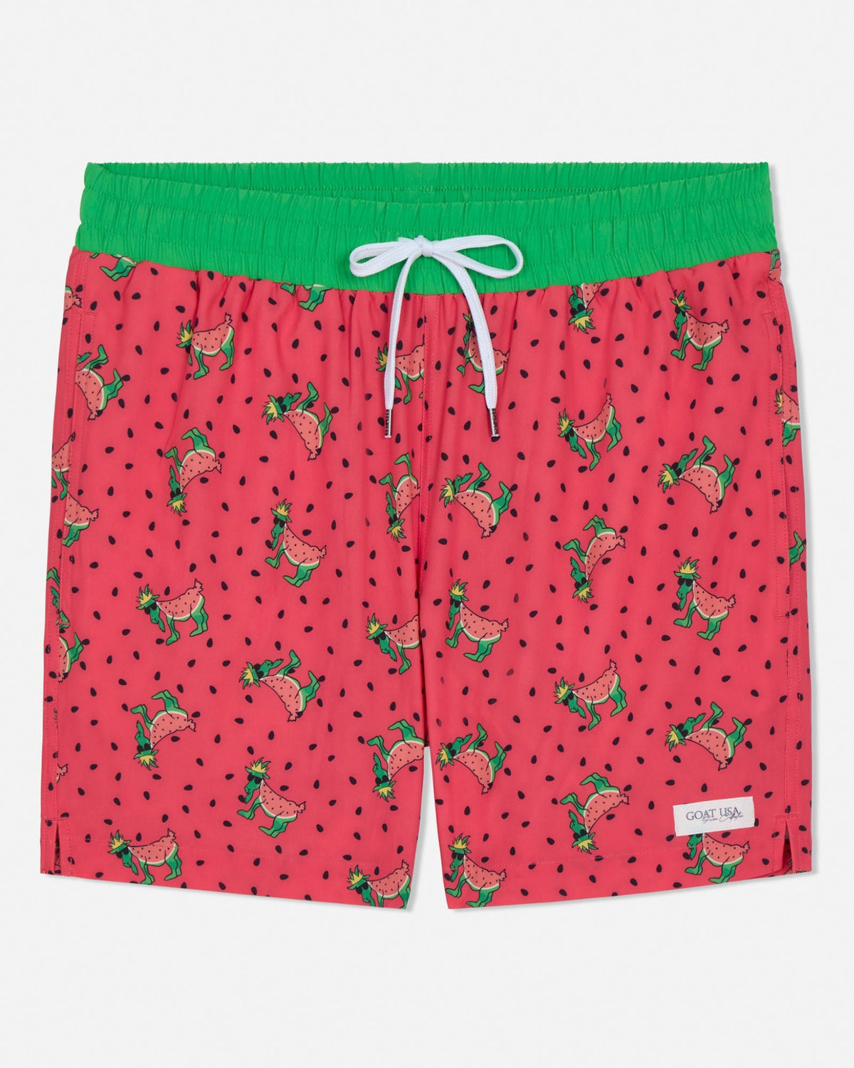 Red swim shorts with green watermelon pattern on a white background