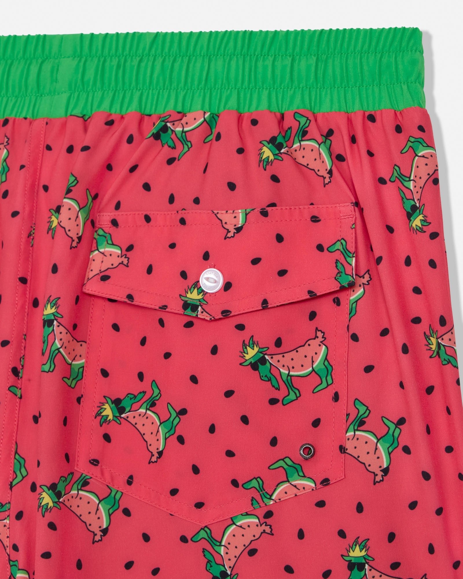Red shorts with watermelon pattern and green waistband
