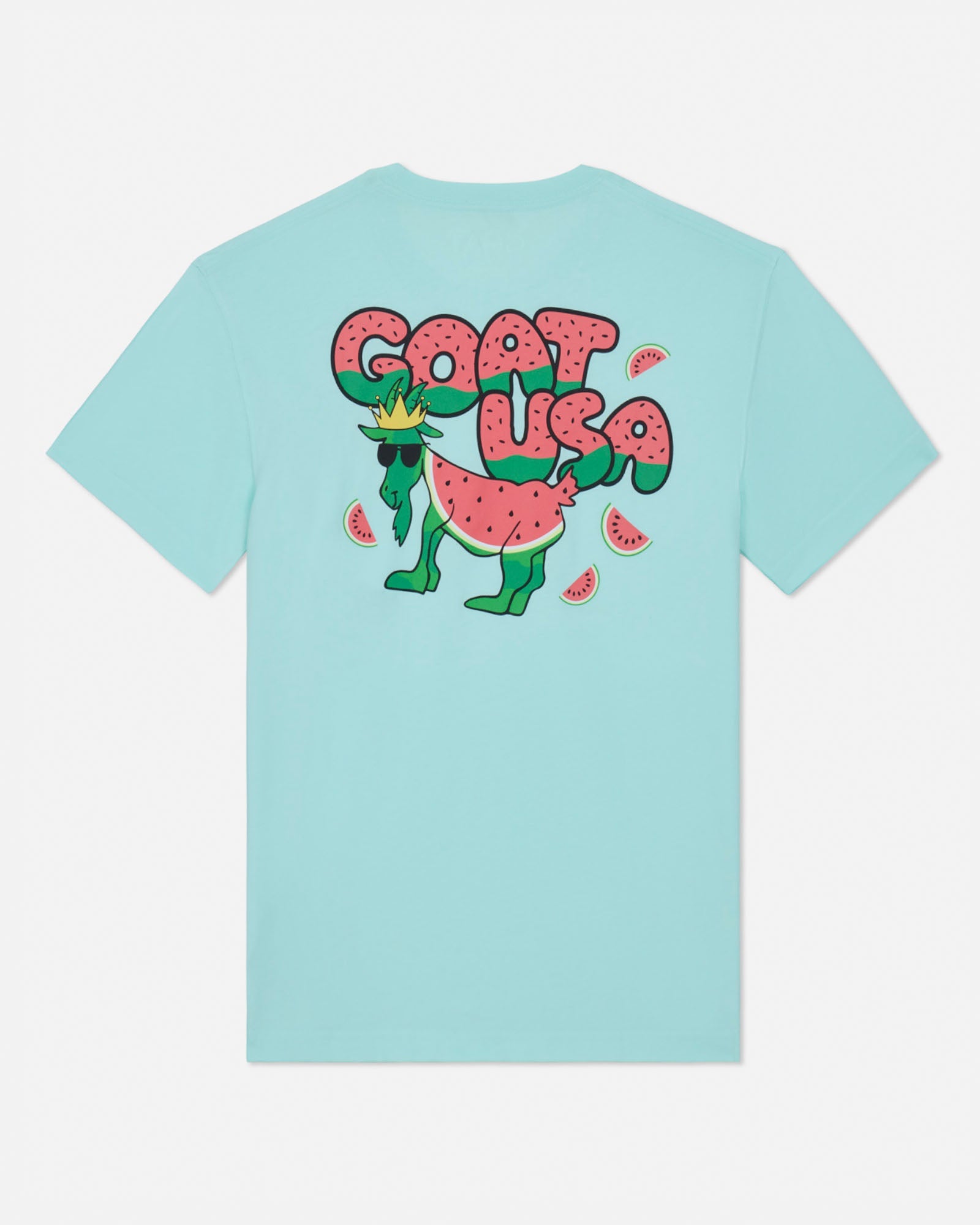 Light green t-shirt with cartoon character and 'GOAT USA' text on a white background