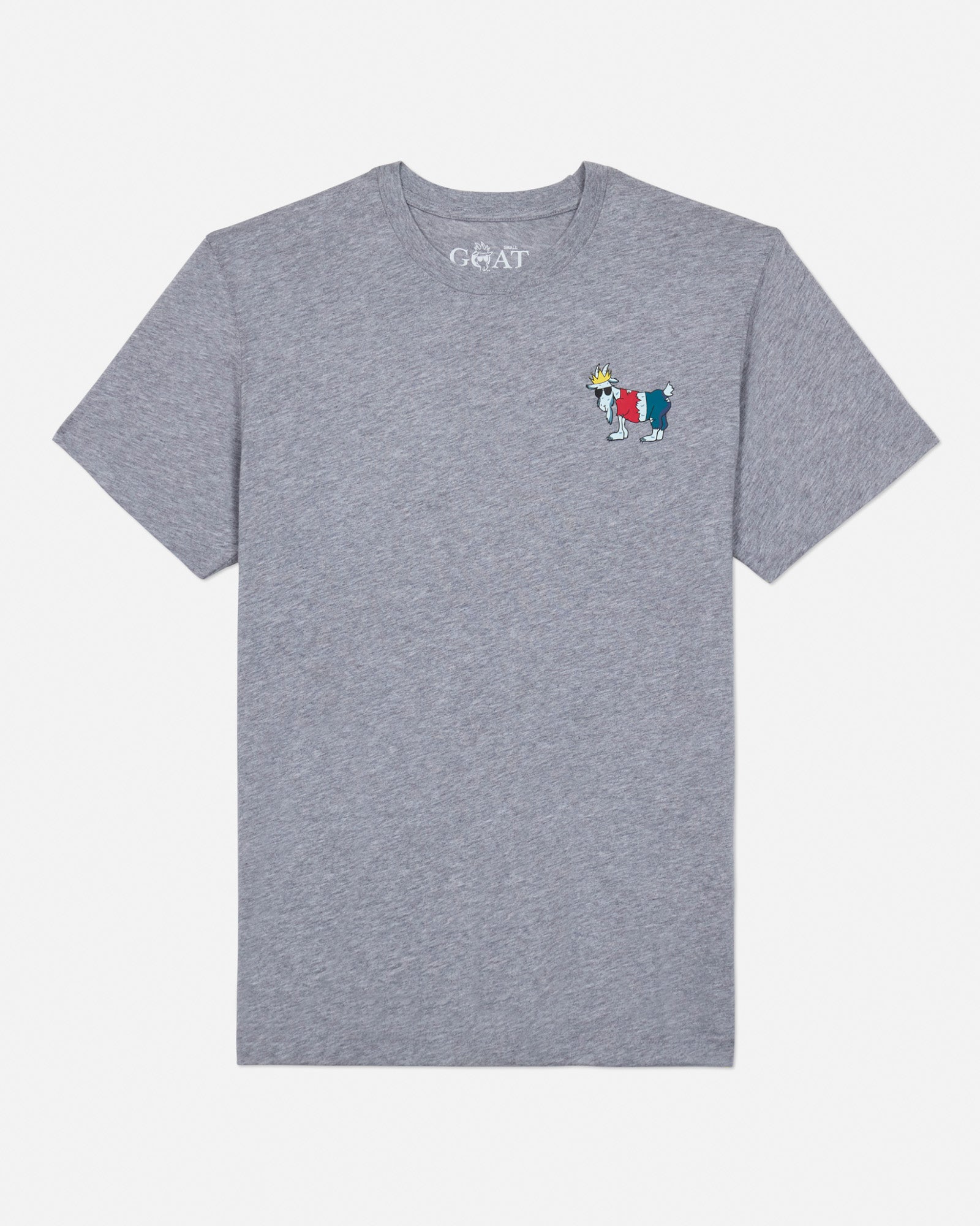 Front of gray t-shirt with a werewolf goat left-chest logo