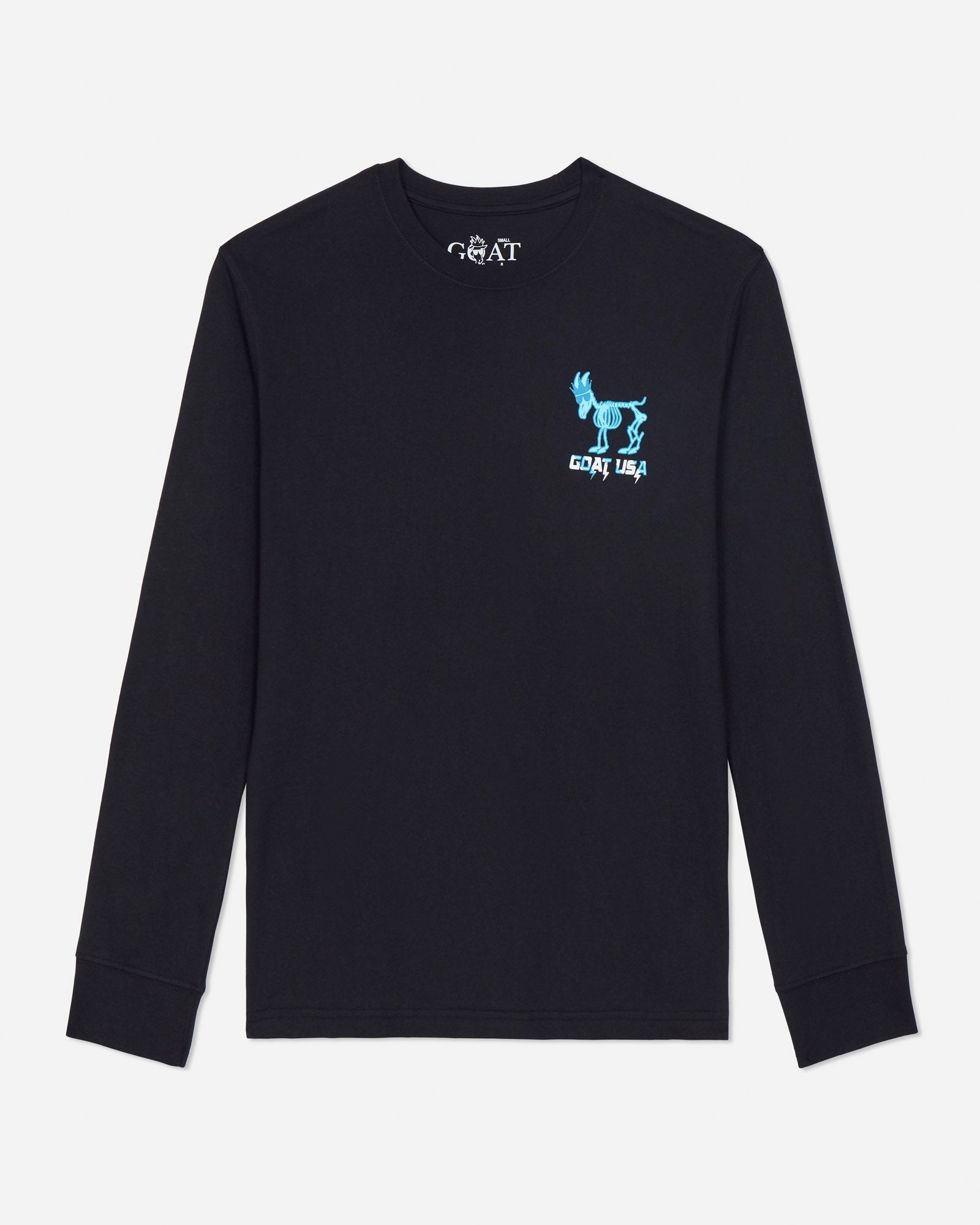 Black long-sleeve shirt with blue graphic on a light gray background