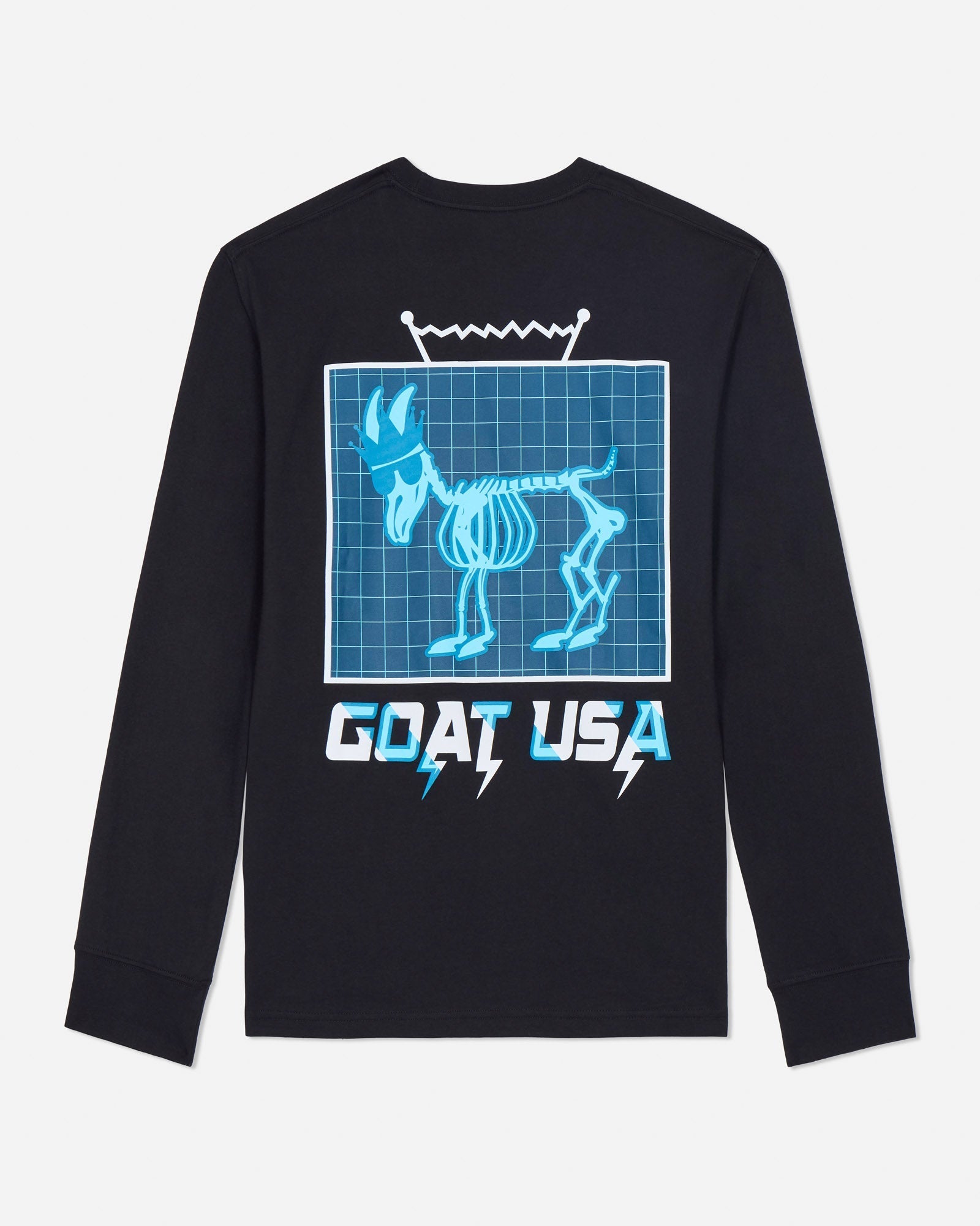 Black long-sleeve shirt with 'GOAT USA' graphic design on a light gray background