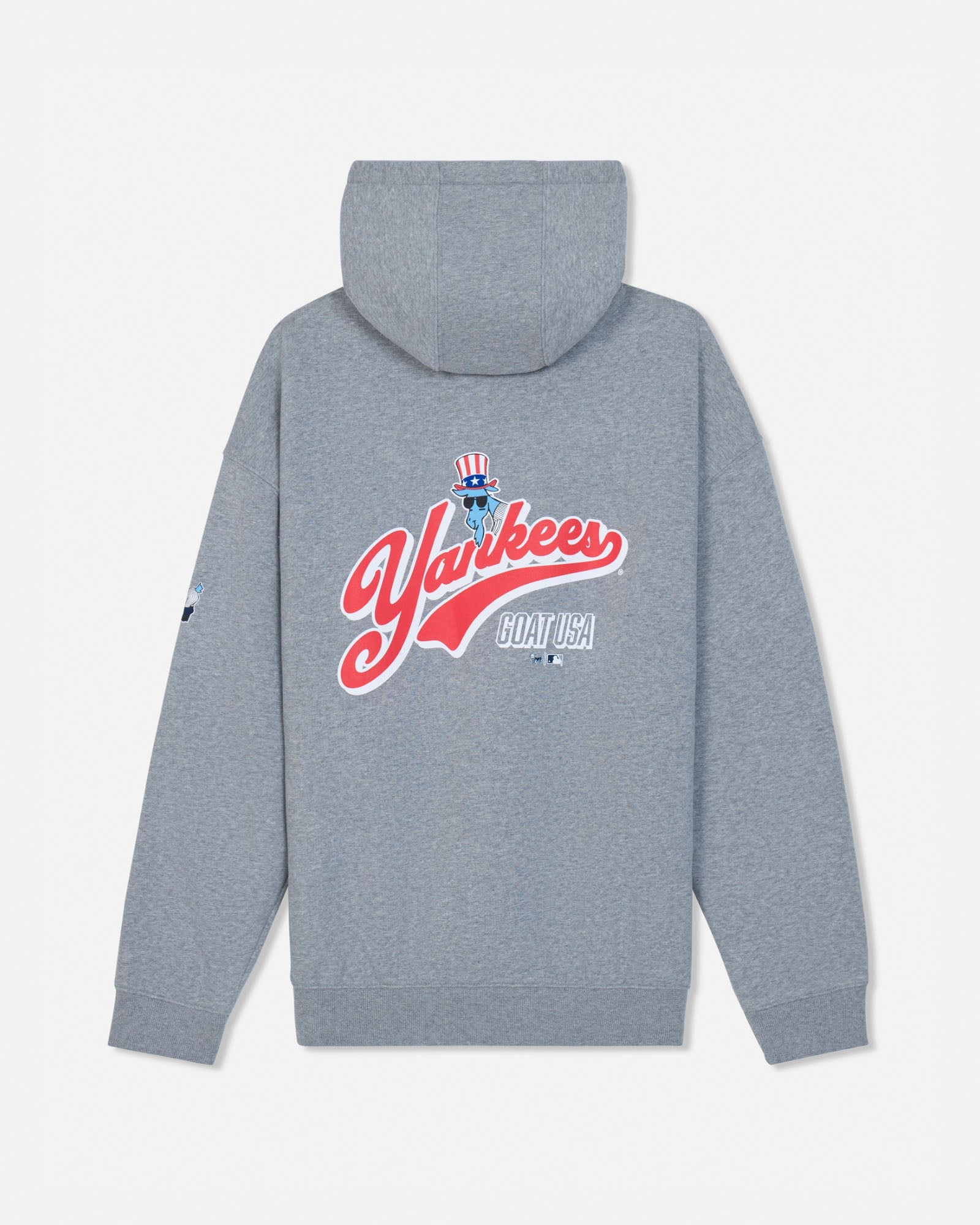 A heather gray hoodie shown from the back, featuring a large red and white 'Yankees' script logo with a patriotic Uncle Sam graphic and 'GOAT USA' text.