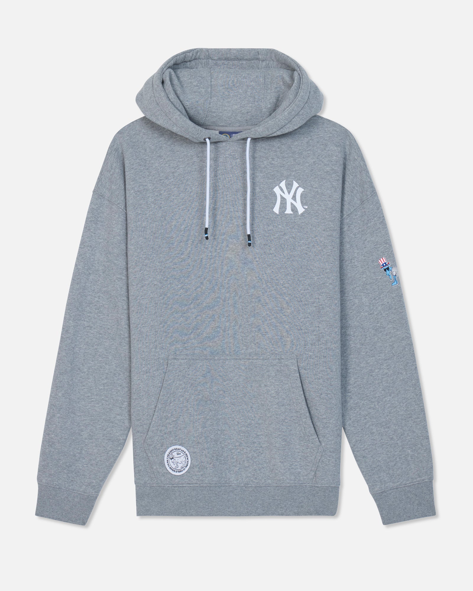 A heather gray pullover hoodie featuring a white New York Yankees logo on the left chest, a white circular patch on the lower left front, and a small colorful patch on the right sleeve, displayed against a light gray background.