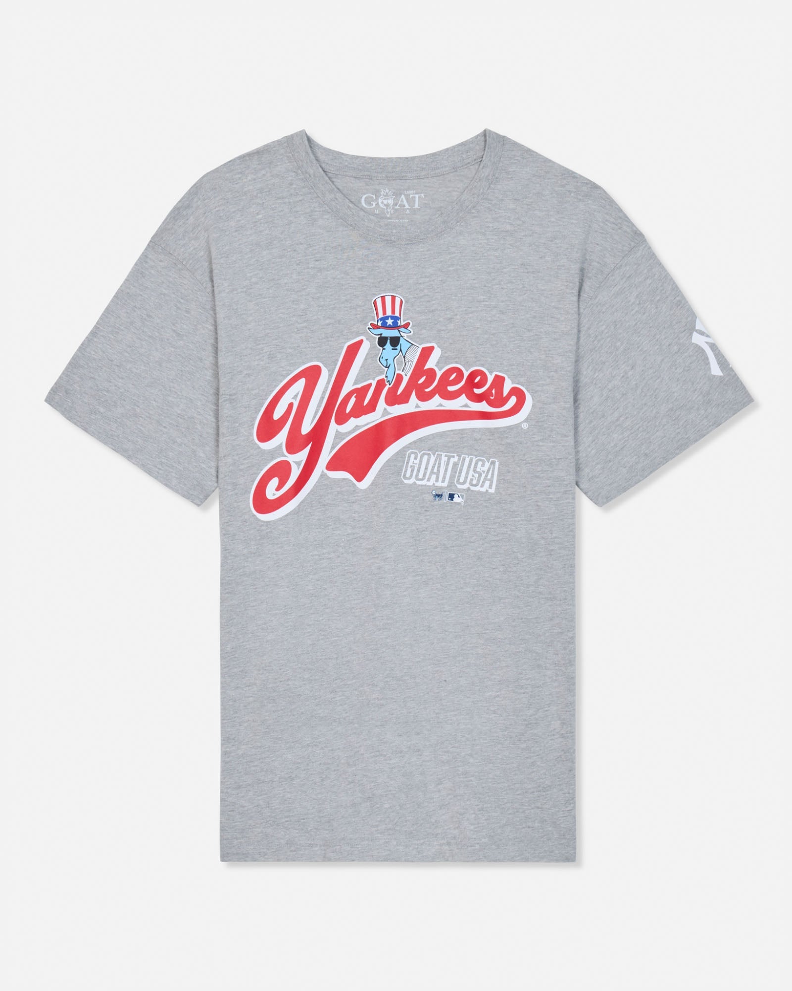 A heather gray short-sleeve t-shirt featuring a red, white, and blue New York Yankees graphic on the front, displayed against a clean white background.