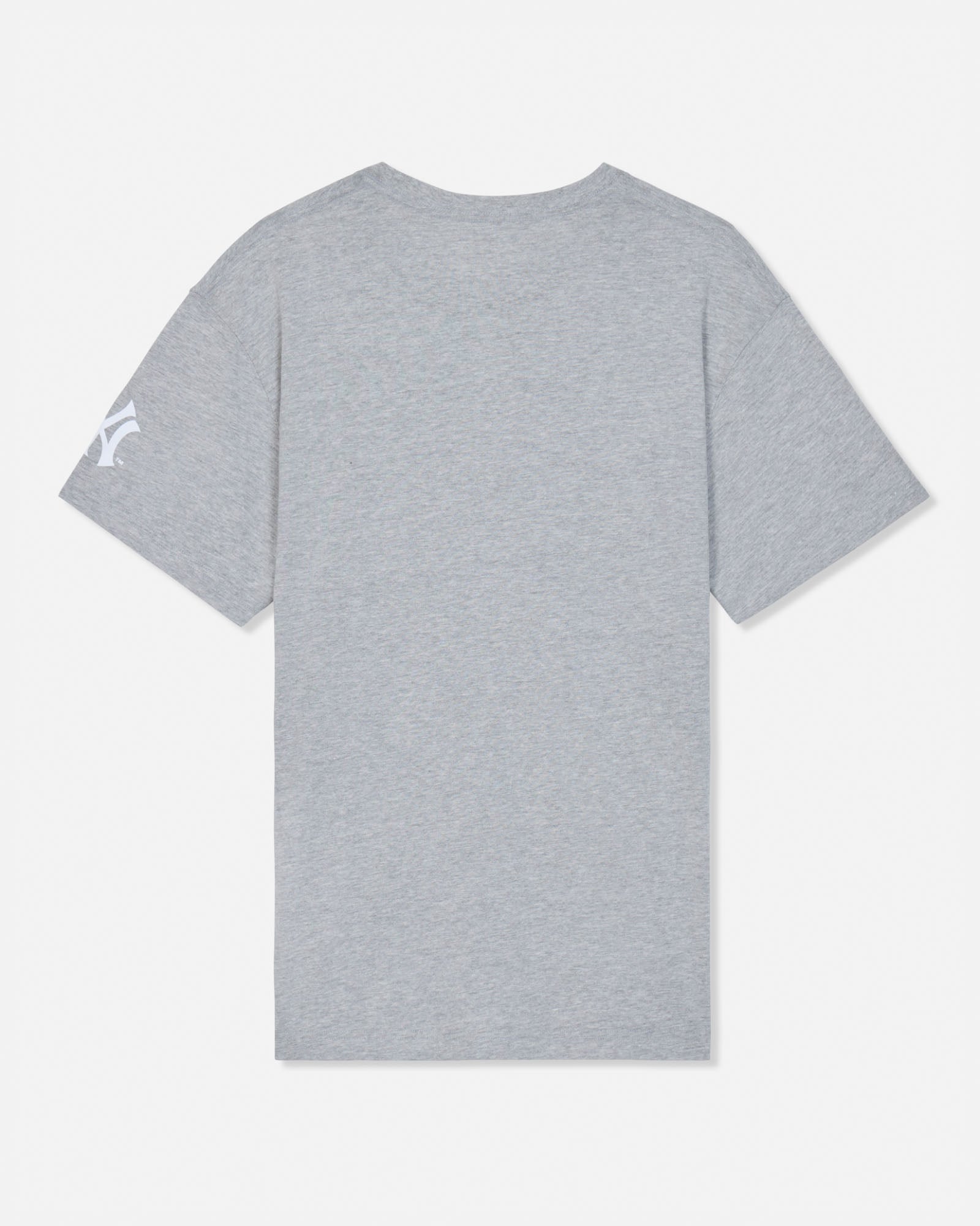 A light gray heather short-sleeve t-shirt shown from the back, featuring a small white stylized logo on the left sleeve, displayed against a clean white background.