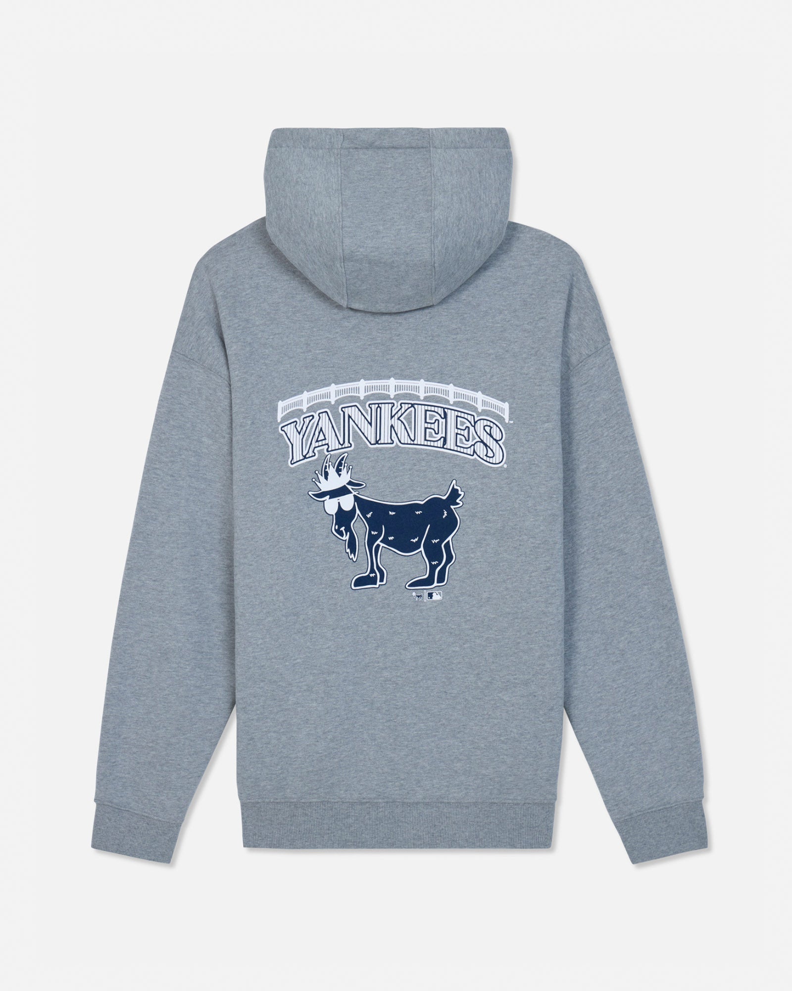 A heather gray hoodie shown from the back, featuring a navy blue and white New York Yankees graphic with the team name arched above a goat logo.#color_gray