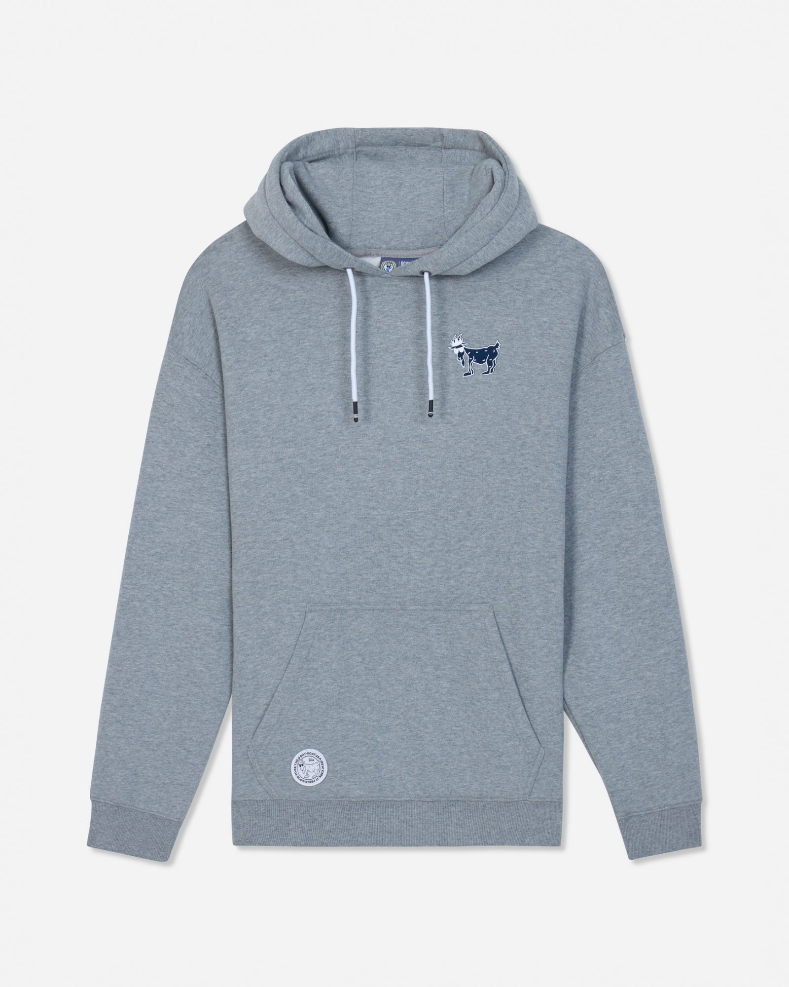 A heather gray hoodie with white drawstrings, featuring a small navy blue goat graphic on the left chest and a circular white logo patch on the lower left front pocket, displayed against a light gray background.#color_gray