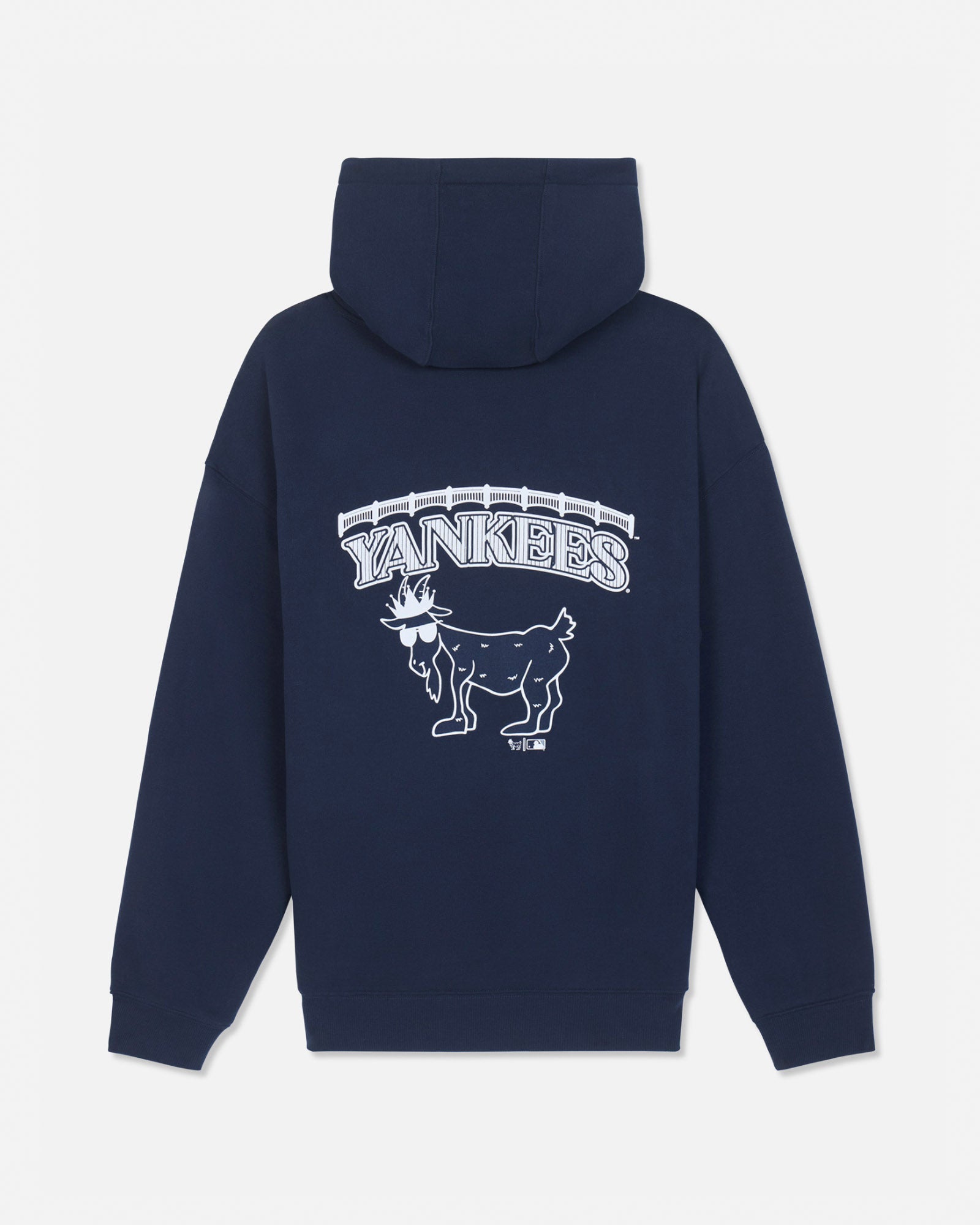 A navy blue hoodie shown from the back, featuring a white graphic print of the New York Yankees logo with the word 'YANKEES' and a goat illustration on a light gray background.#color_navy