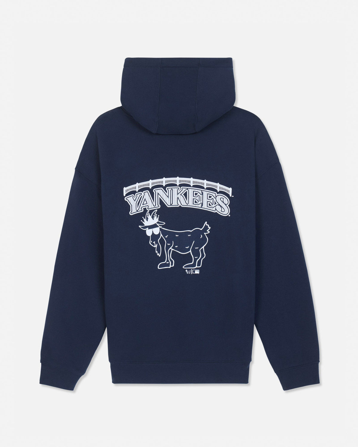 A navy blue hoodie shown from the back, featuring a white graphic print of the New York Yankees logo with the word 'YANKEES' and a goat illustration on a light gray background.#color_navy