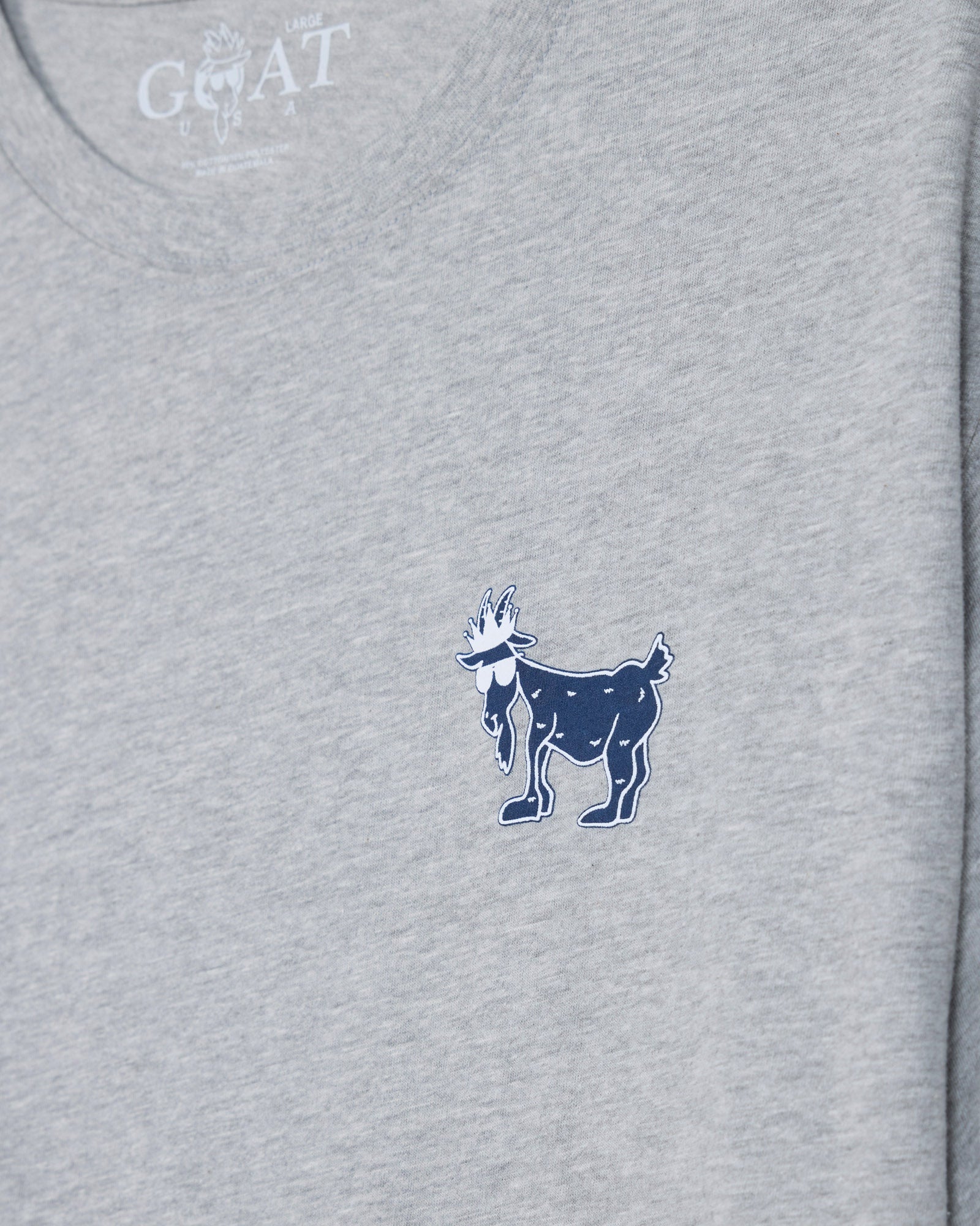 Gray t-shirt with blue cartoon goat on left chest#color_gray