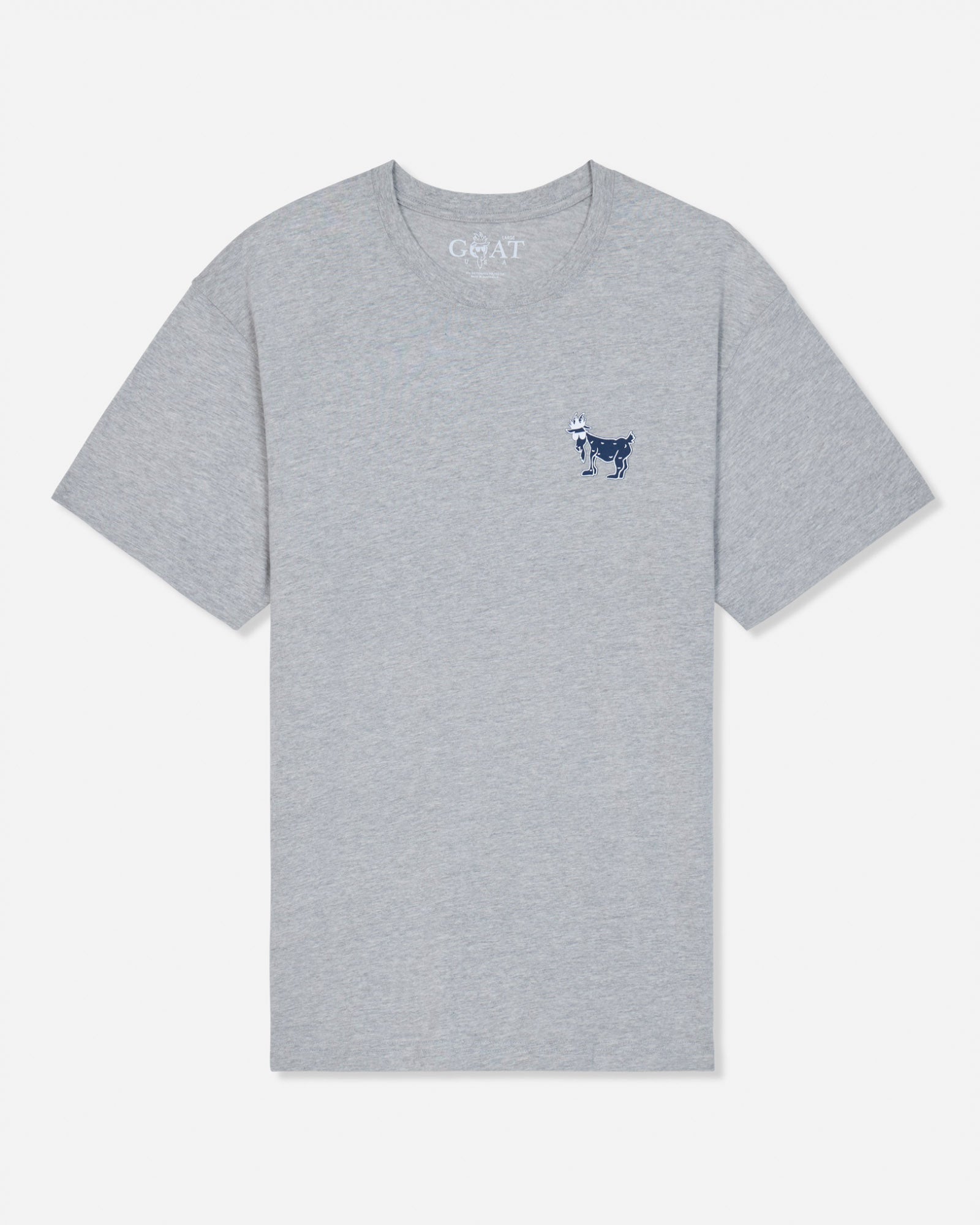 A gray t-shirt with a small navy blue embroidered goat logo on the left chest, shown flat against a light gray background.#color_gray