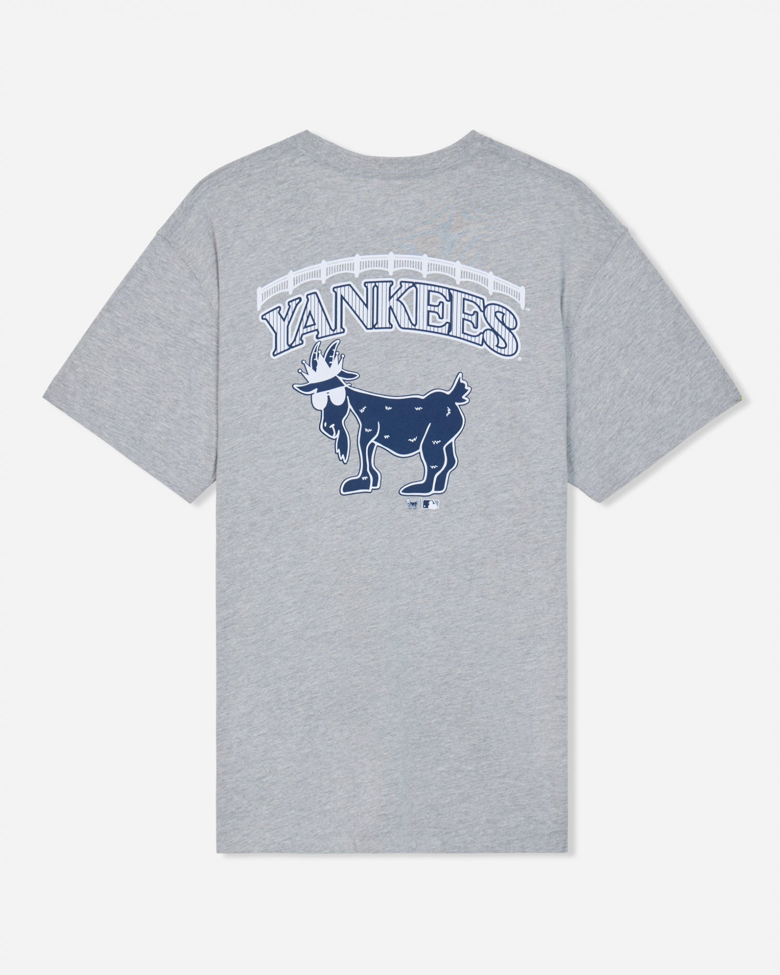 A heather gray short-sleeve t-shirt featuring a navy blue and white New York Yankees graphic on the chest, displayed against a light gray background.#color_gray
