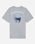 A heather gray short-sleeve t-shirt featuring a navy blue and white New York Yankees graphic on the chest, displayed against a light gray background.#color_gray