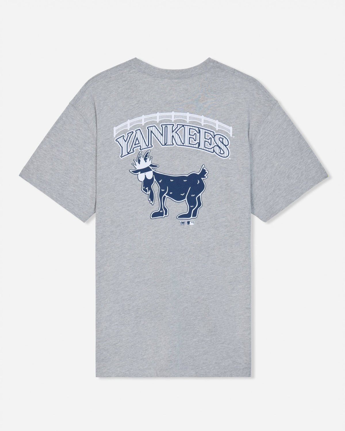 A heather gray short-sleeve t-shirt featuring a navy blue and white New York Yankees graphic on the chest, displayed against a light gray background.#color_gray