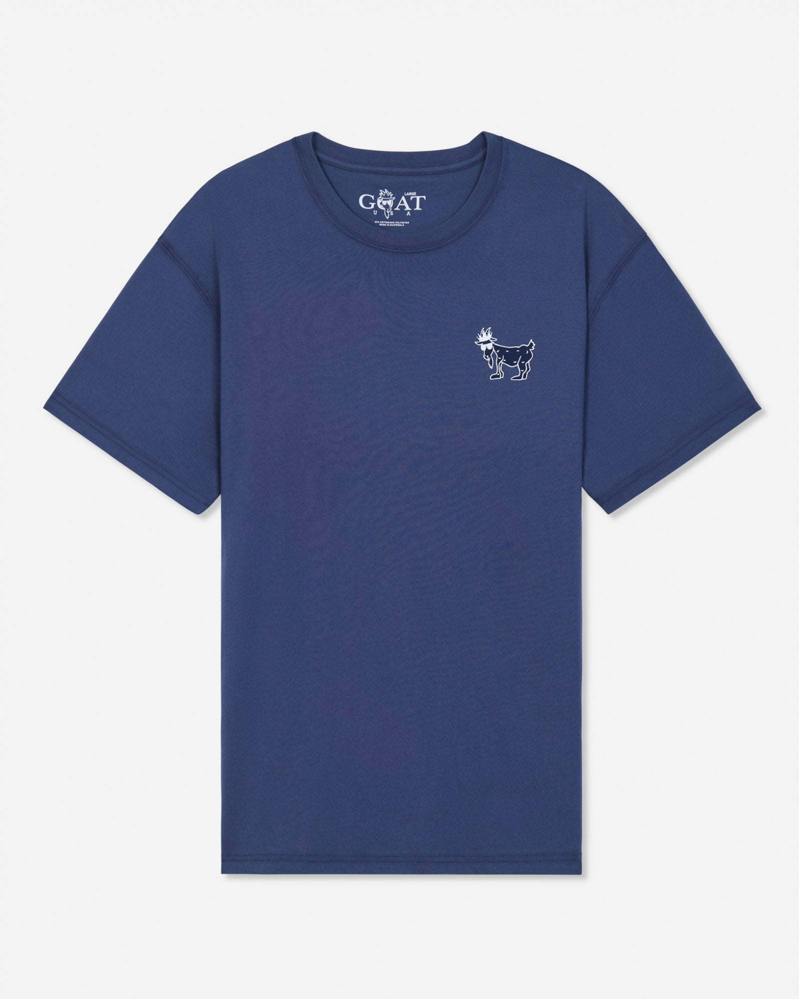 A blue short-sleeve t-shirt with a small white goat logo on the left chest and a white 'GOAT' brand print inside the collar, shown on a light gray background.#color_navy