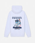 White hoodie with a blue goat wearing a New York Yankees uniform and a stadium design above.