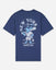 A navy blue short-sleeve t-shirt with a large graphic on the back featuring a light blue cartoon goat baseball player, the text 'NEW YORK' arched above, and 'GOAT USA' below.