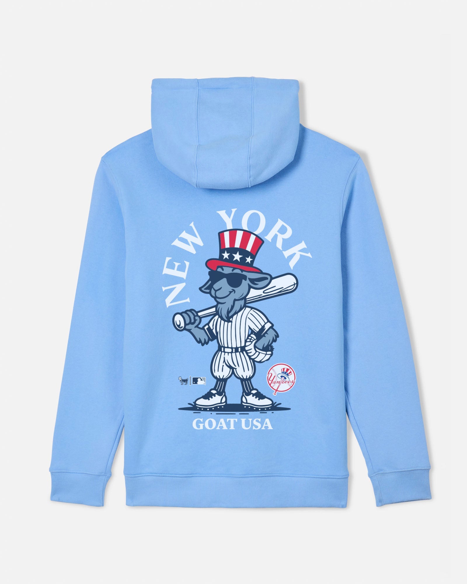 A light blue hoodie shown from the back, featuring a large graphic of a cartoon goat in a baseball uniform with a red, white, and blue top hat. The text 'NEW YORK' is arched above the graphic, and 'GOAT USA' is printed below.#color_carolina-blue