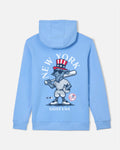 A light blue hoodie shown from the back, featuring a large graphic of a cartoon goat in a baseball uniform with a red, white, and blue top hat. The text 'NEW YORK' is arched above the graphic, and 'GOAT USA' is printed below.