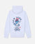 White pullover hoodie shown from the back, featuring a large graphic print of a cartoon blue goat in a baseball uniform with a red, white, and blue top hat, surrounded by the text 'NEW YORK GOAT USA'.#color_white