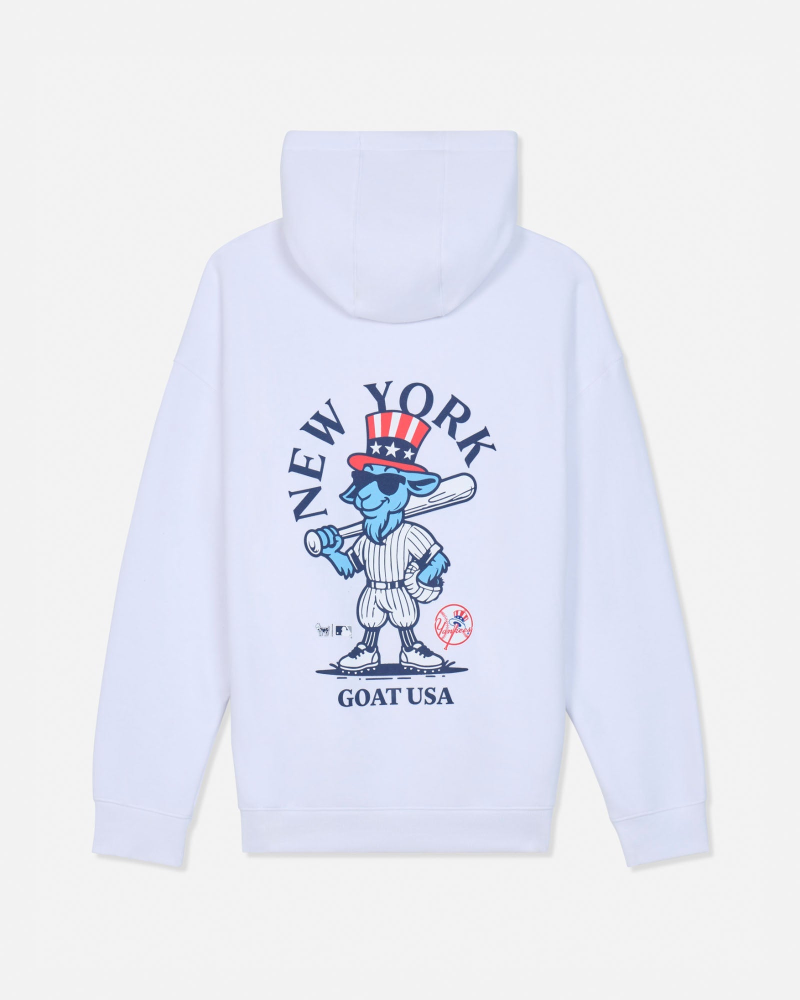 White pullover hoodie shown from the back, featuring a large graphic print of a cartoon blue goat in a baseball uniform with a red, white, and blue top hat, surrounded by the text 'NEW YORK GOAT USA'.#color_white