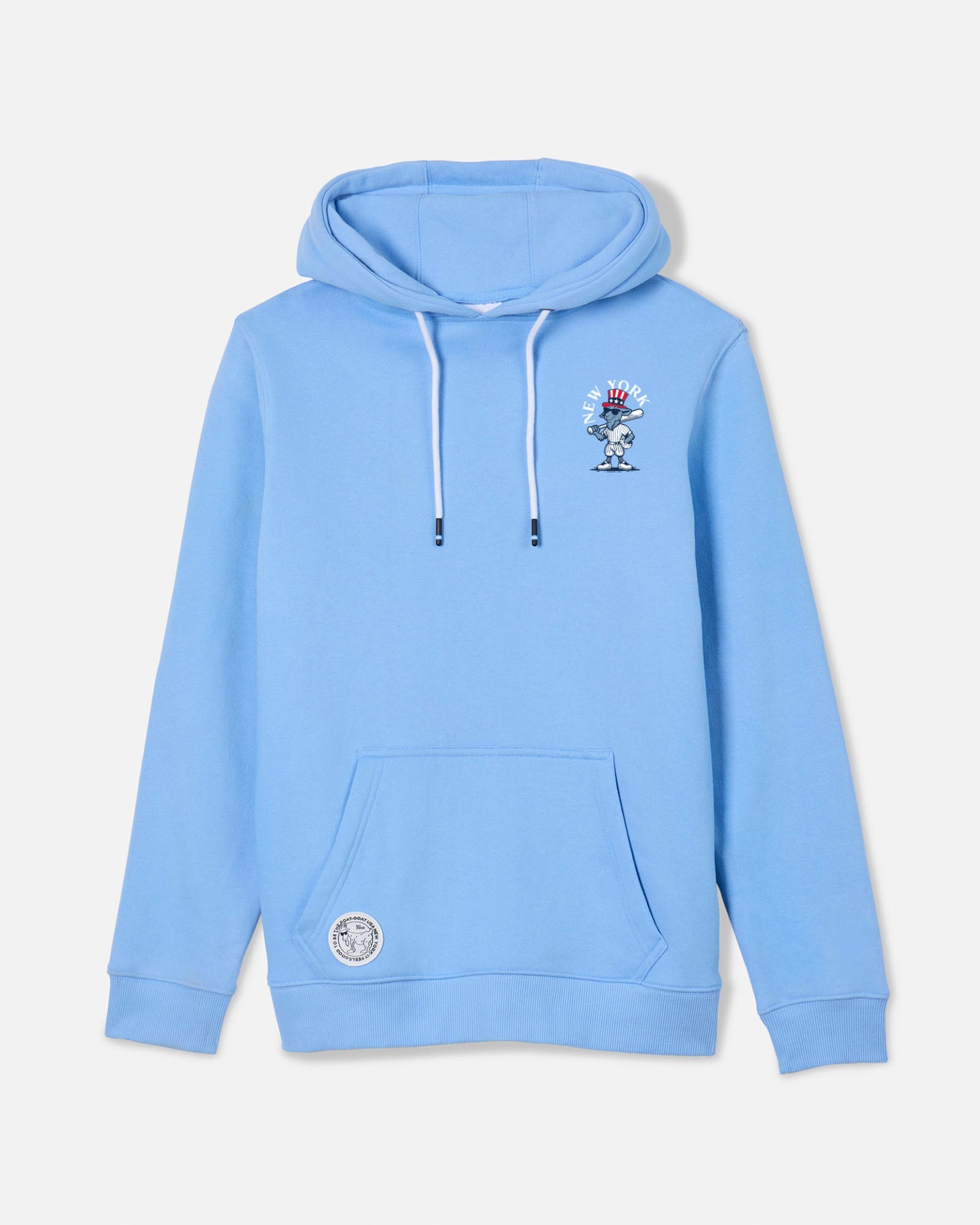 A light blue pullover hoodie with white drawstrings, a kangaroo pocket, and a small graphic print on the left chest. A circular patch is visible on the lower left front.#color_carolina-blue