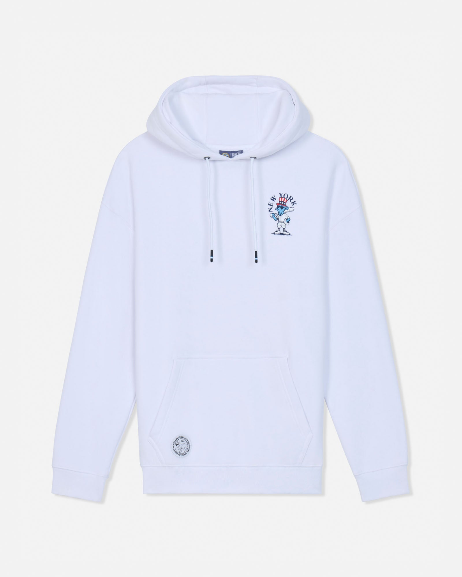 A white pullover hoodie with a small multicolor graphic on the left chest and a circular patch near the lower left front pocket, displayed against a light off-white background.#color_white