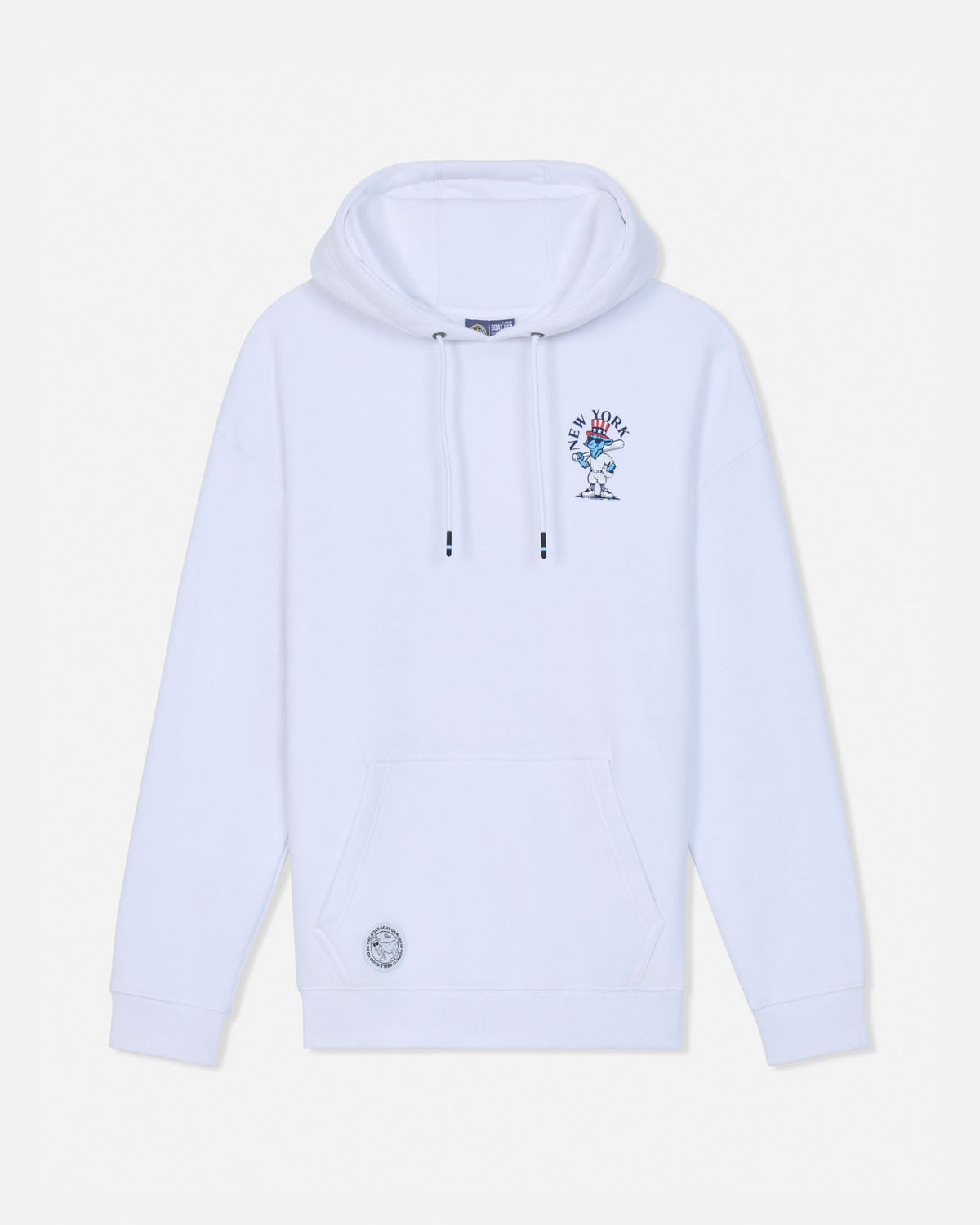 A white pullover hoodie with a small multicolor graphic on the left chest and a circular patch near the lower left front pocket, displayed against a light off-white background.