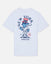 White short-sleeve t-shirt with a large graphic on the front featuring a blue cartoon goat in a baseball uniform, a red and white top hat, and the text 'NEW YORK' and 'GOAT USA'.#color_white