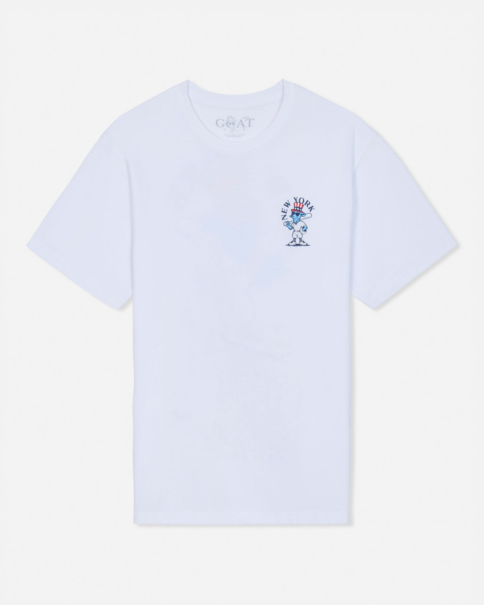 A white short-sleeve crewneck t-shirt with a small blue and red graphic on the left chest, displayed flat against a light gray background.#color_white