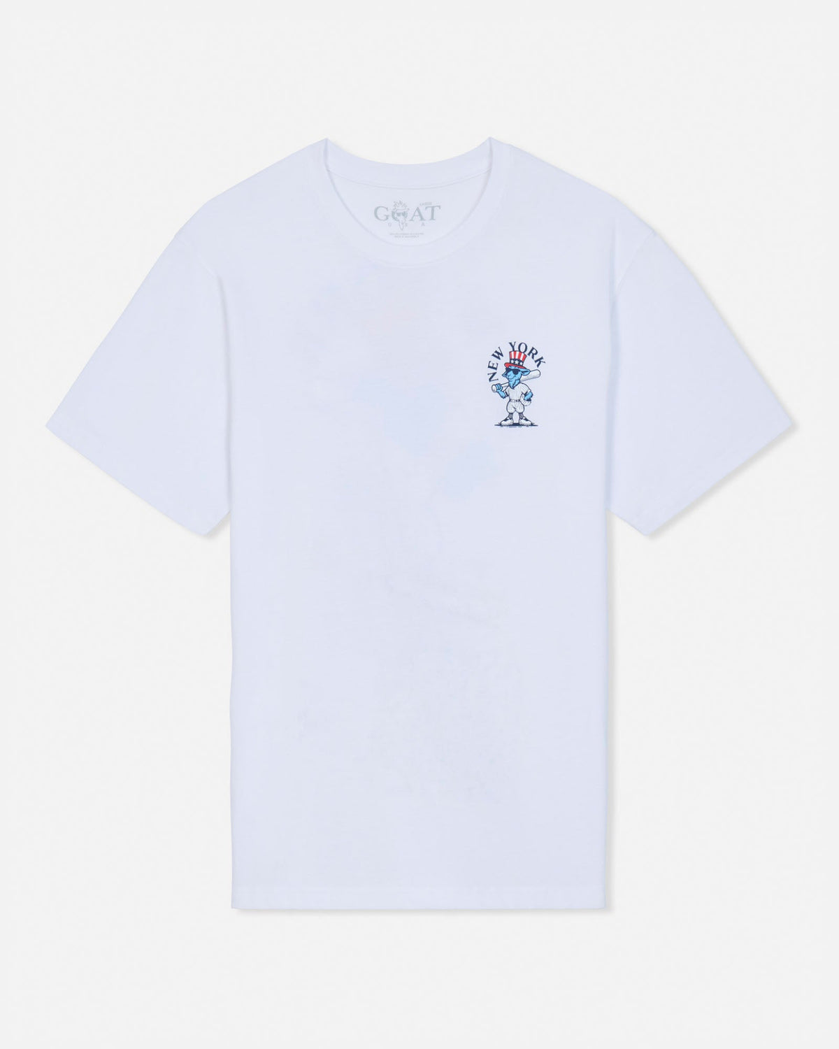 A white short-sleeve crewneck t-shirt with a small blue and red graphic on the left chest, displayed flat against a light gray background.